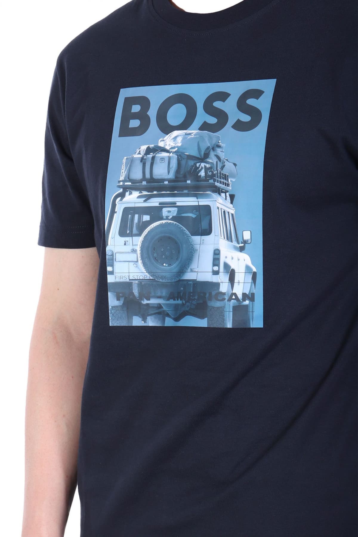 BOSS CASUAL T-SHIRT ΜΕ ΣΤΑΜΠΑ REGULAR FIT TE_MEXTOUR ΣΚΟΥΡΟ ΜΠΛΕ