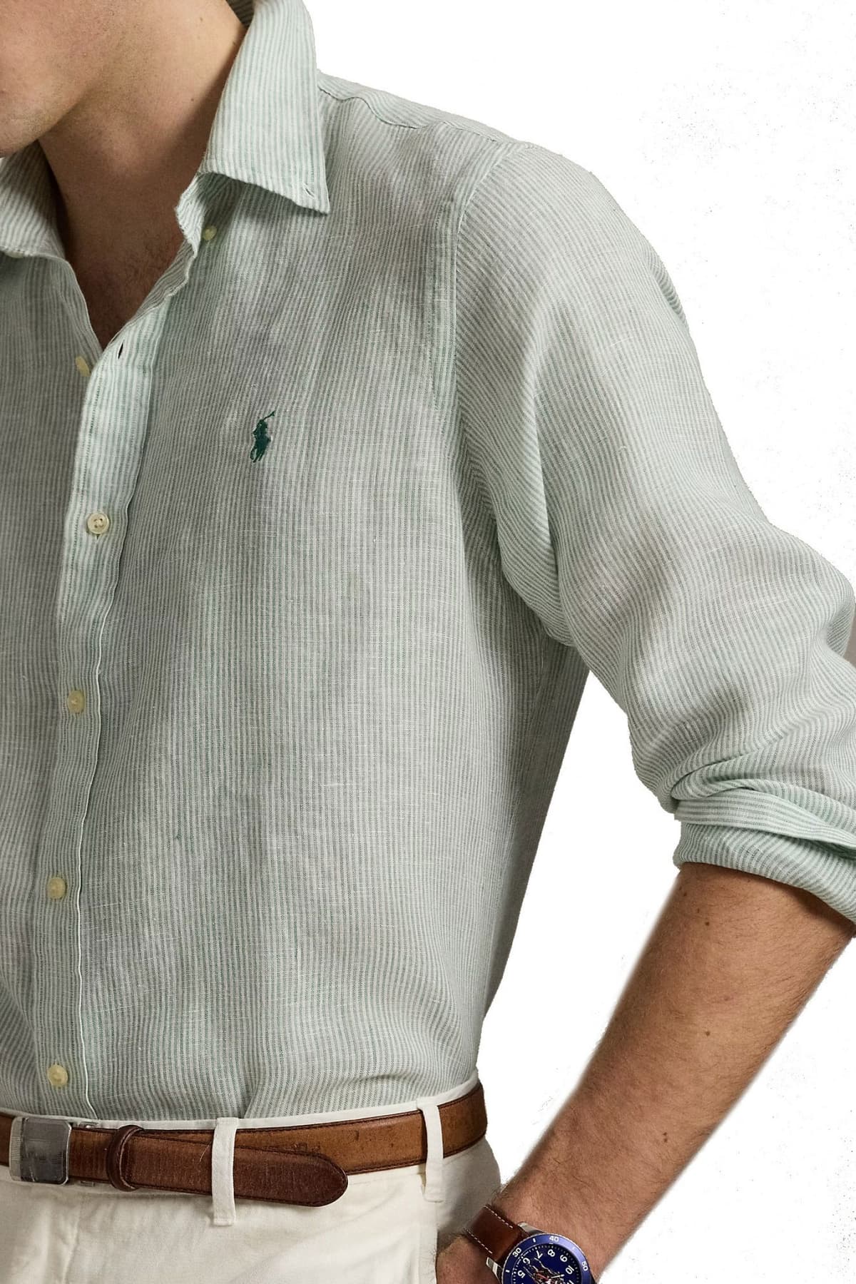 RALPH LAUREN ΠΟΥΚΑΜΙΣΟ BUTTON DOWN ΡΙΓΕ ΛΙΝΟ CUSTOM FIT ΠΡΑΣΙΝΟ-ΛΕΥΚΟ