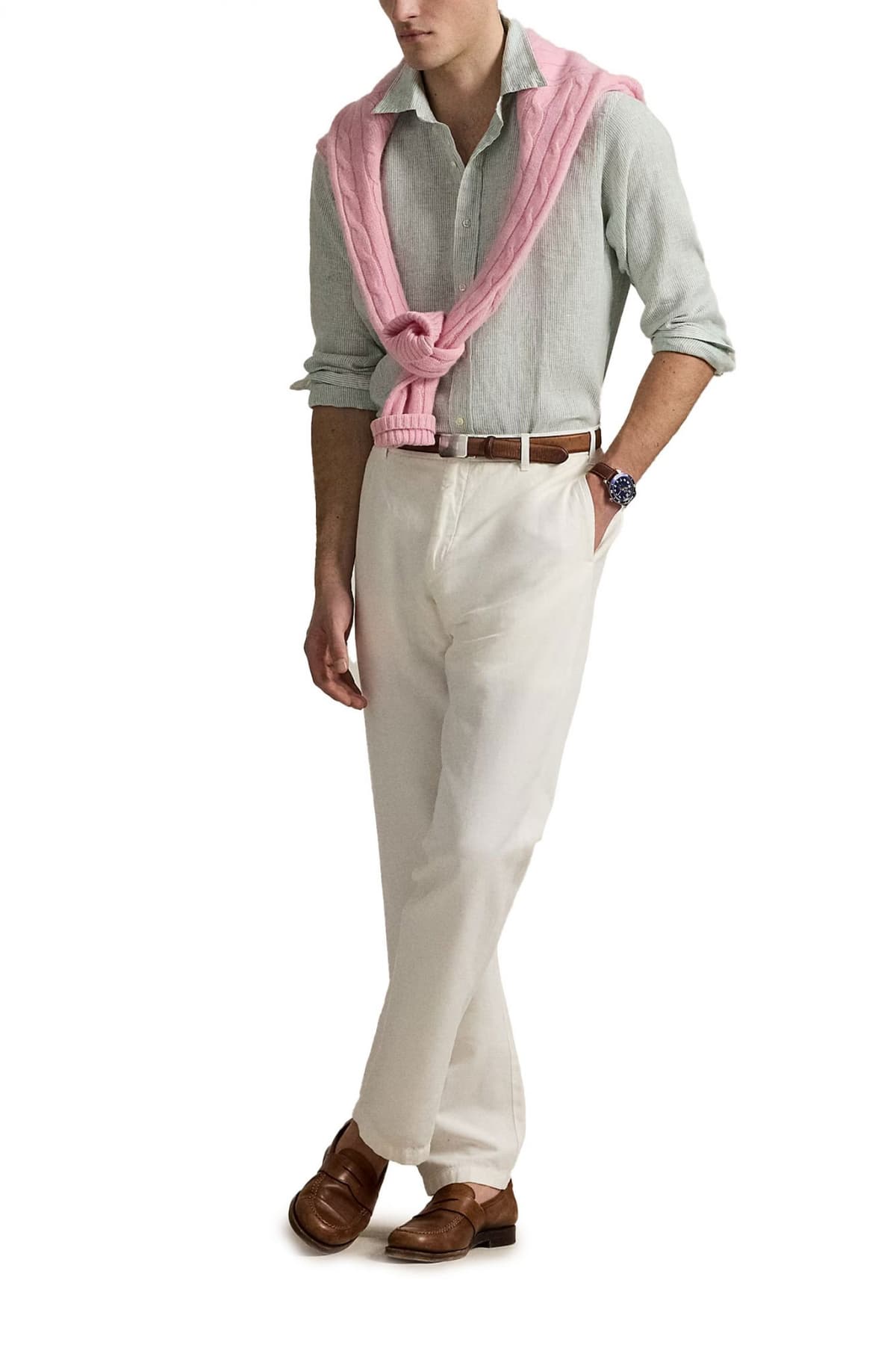 RALPH LAUREN ΠΟΥΚΑΜΙΣΟ BUTTON DOWN ΡΙΓΕ ΛΙΝΟ CUSTOM FIT ΠΡΑΣΙΝΟ-ΛΕΥΚΟ