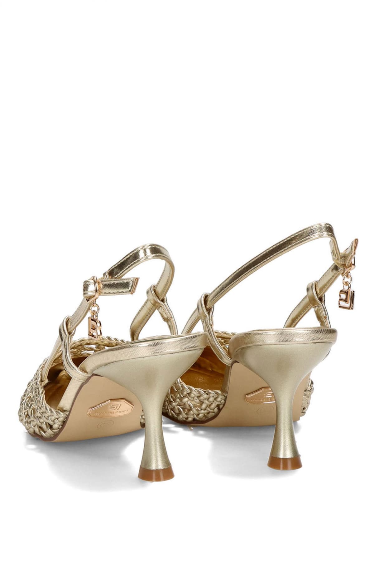 LAURA BIAGIOTTI ΠΑΠΟΥΤΣΙΑ MULES ΜΕΤΑΛΛΙΚΟ ΠΛΕΚΤΟ LOGO ΧΡΥΣΟ