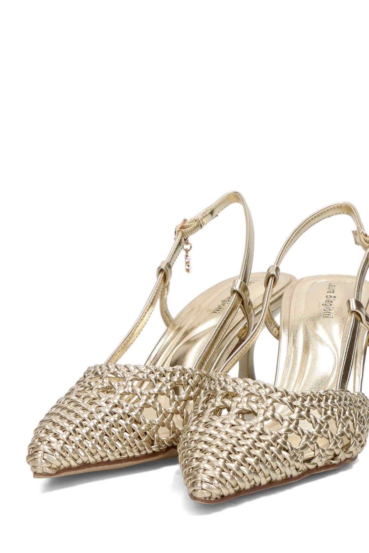 LAURA BIAGIOTTI ΠΑΠΟΥΤΣΙΑ MULES ΜΕΤΑΛΛΙΚΟ ΠΛΕΚΤΟ LOGO ΧΡΥΣΟ