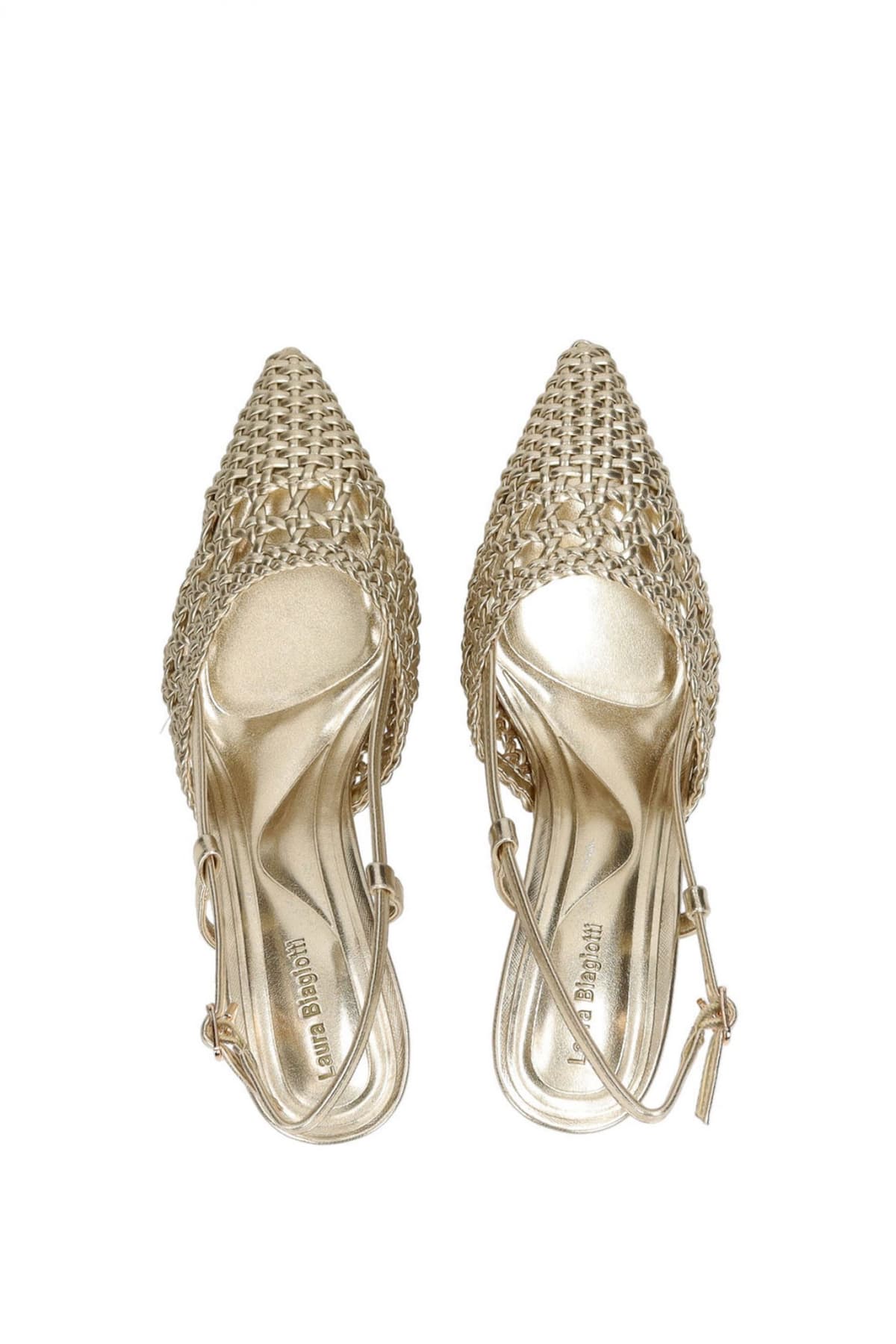 LAURA BIAGIOTTI ΠΑΠΟΥΤΣΙΑ MULES ΜΕΤΑΛΛΙΚΟ ΠΛΕΚΤΟ LOGO ΧΡΥΣΟ