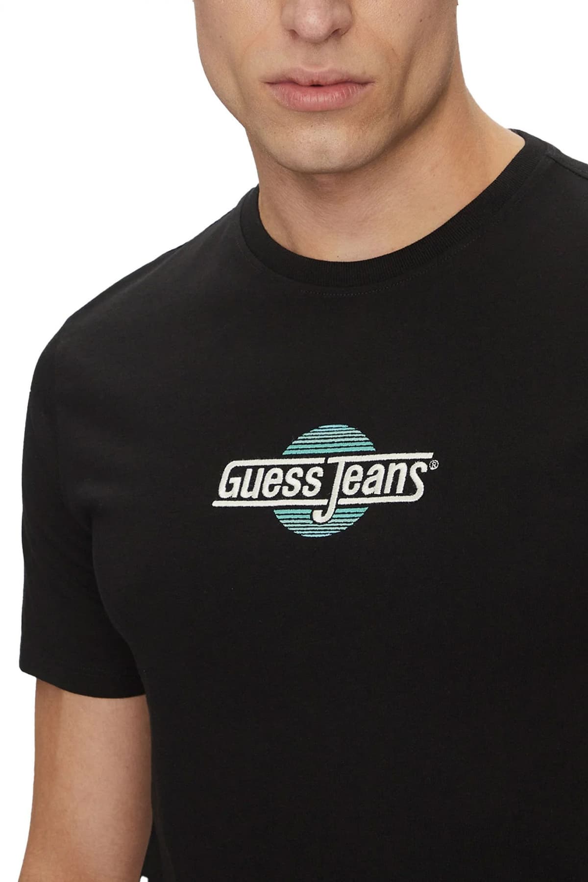 GUESS JEANS T-SHIRT CREWNECK SLIM FIT LOGO ΜΑΥΡΟ