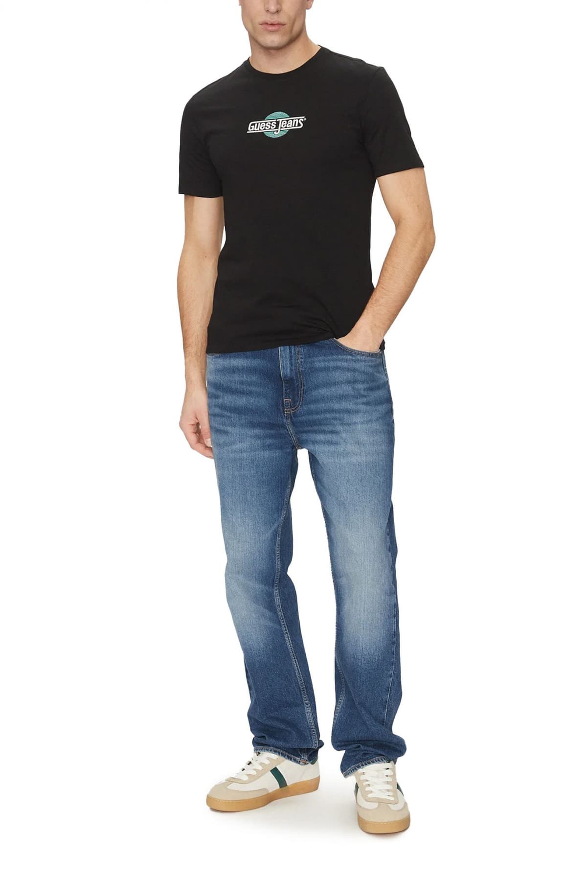 GUESS JEANS T-SHIRT CREWNECK SLIM FIT LOGO ΜΑΥΡΟ