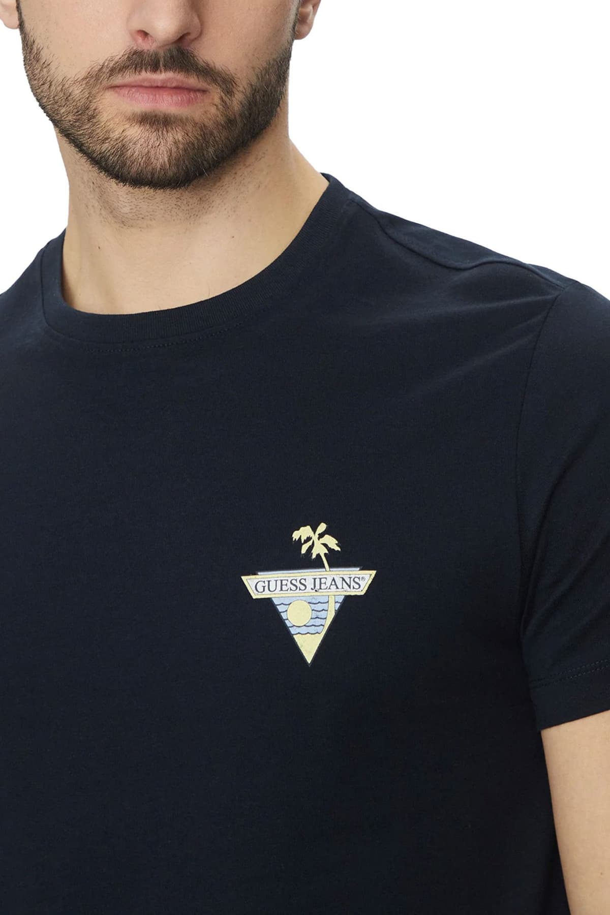GUESS JEANS T-SHIRT CREW NECK REGULAR FIT LOGO ΜΠΛΕ