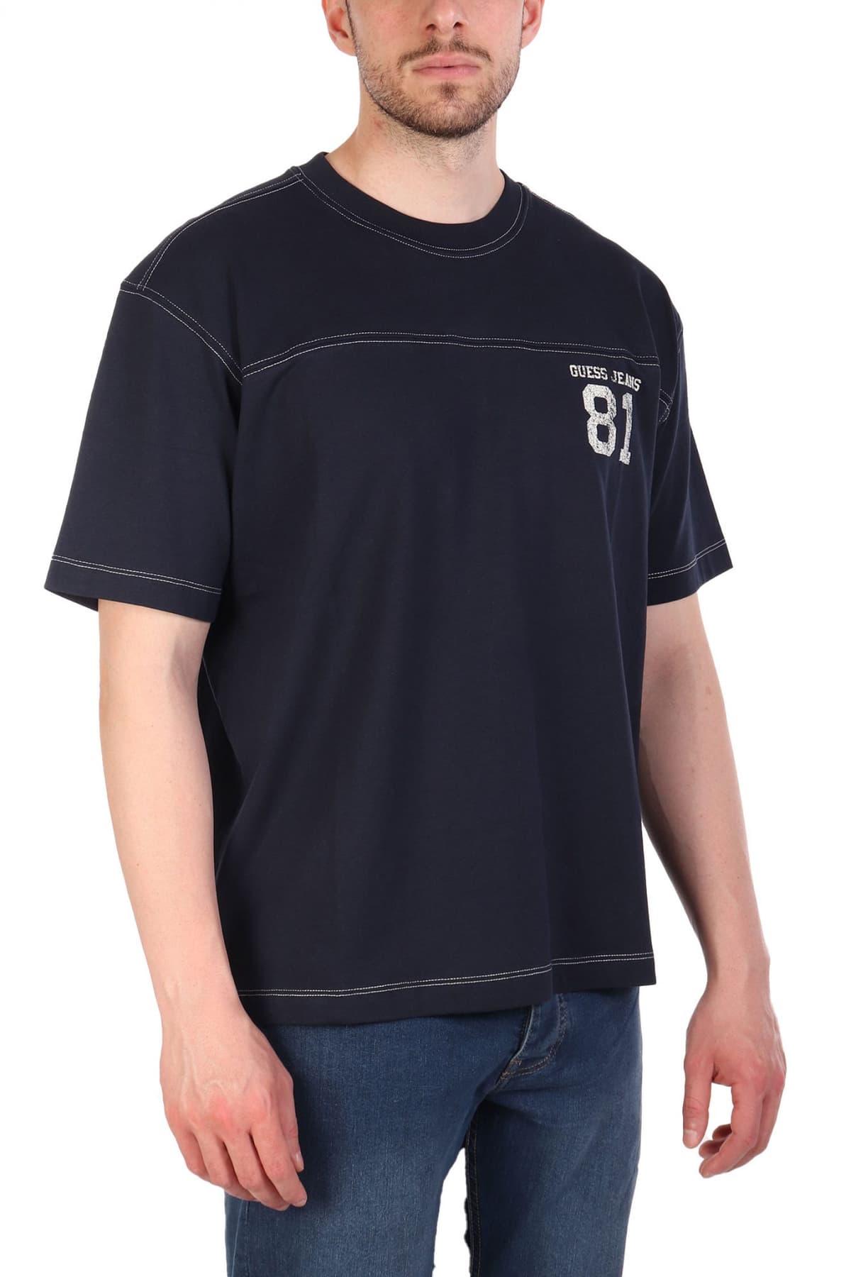 GUESS JEANS T-SHIRT CREWNECK OVERSIZED FIT LOGO ΜΠΛΕ