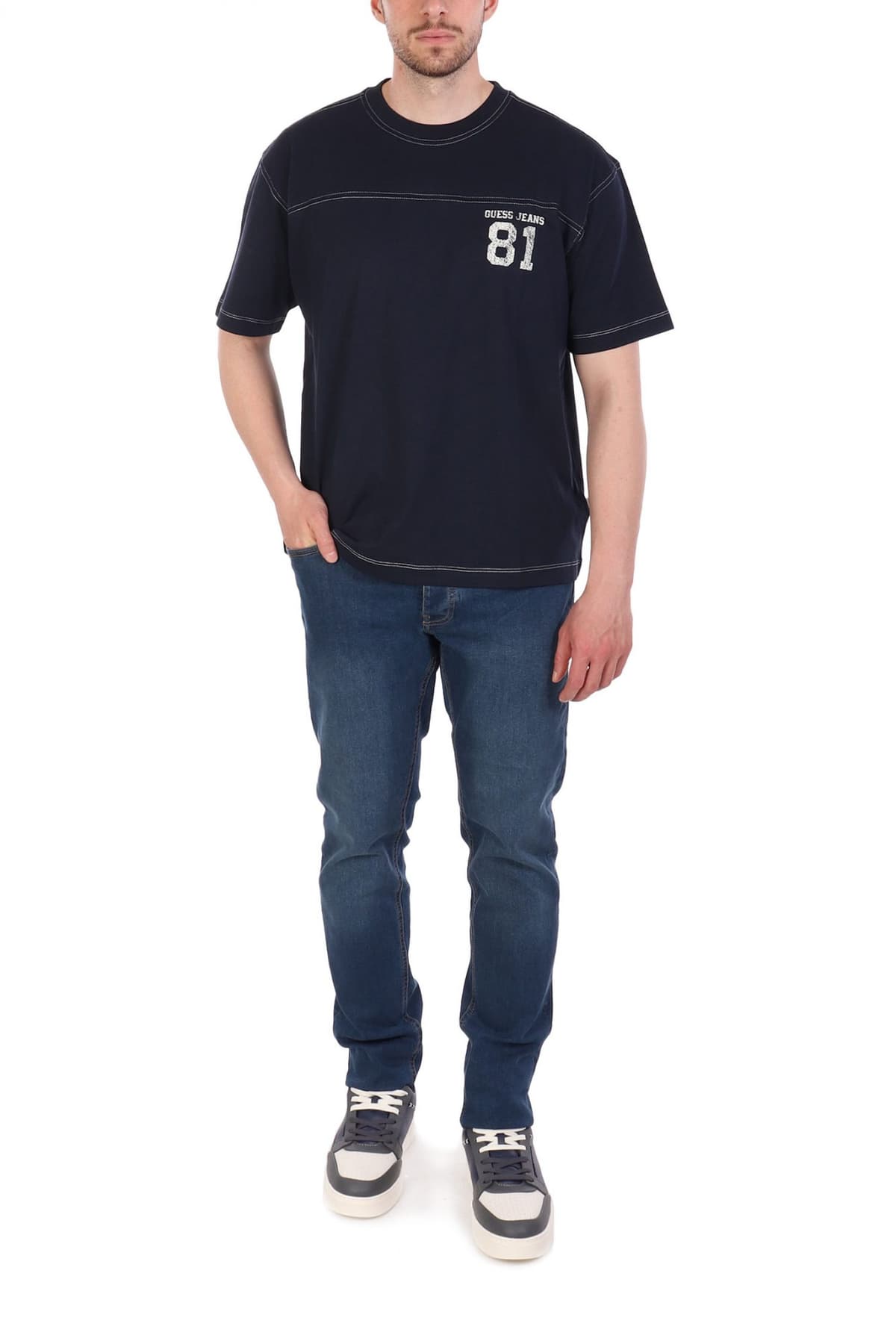 GUESS JEANS T-SHIRT CREWNECK OVERSIZED FIT LOGO ΜΠΛΕ