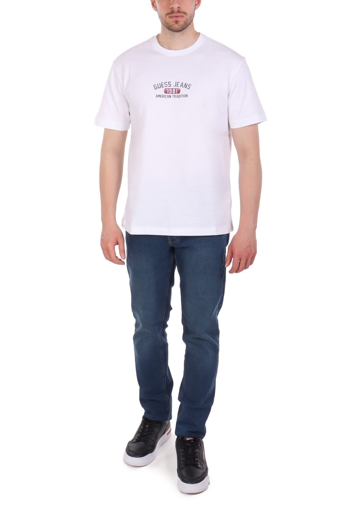 GUESS JEANS T-SHIRT CREWNECK REGULAR FIT LOGO ΛΕΥΚΟ