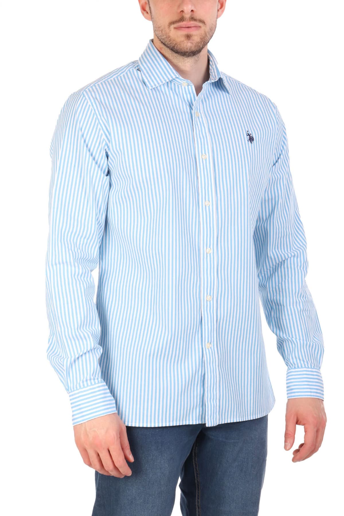 U.S.POLO ASSN ΠΟΥΚΑΜΙΣΟ ΡΙΓΕ SLIM FIT ΣΙΕΛ-ΛΕΥΚΟ