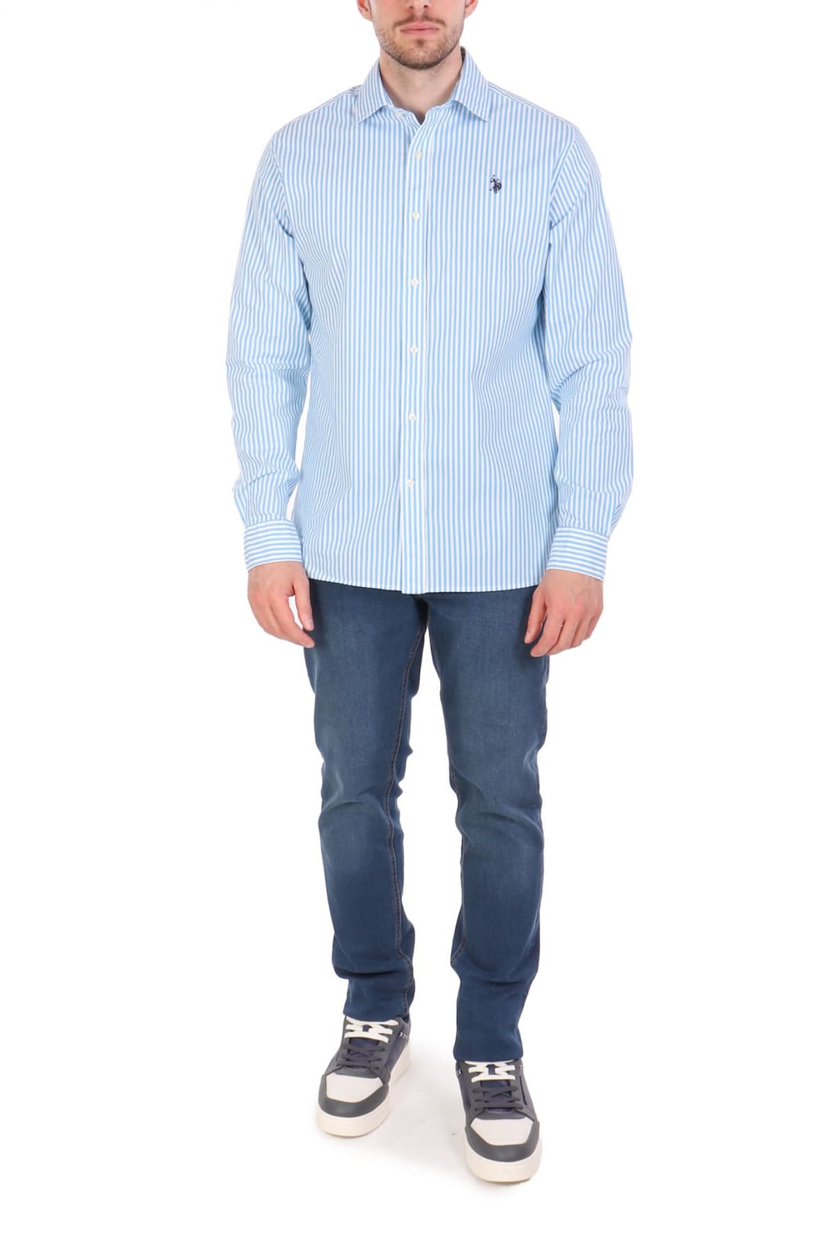 U.S.POLO ASSN ΠΟΥΚΑΜΙΣΟ ΡΙΓΕ SLIM FIT ΣΙΕΛ-ΛΕΥΚΟ