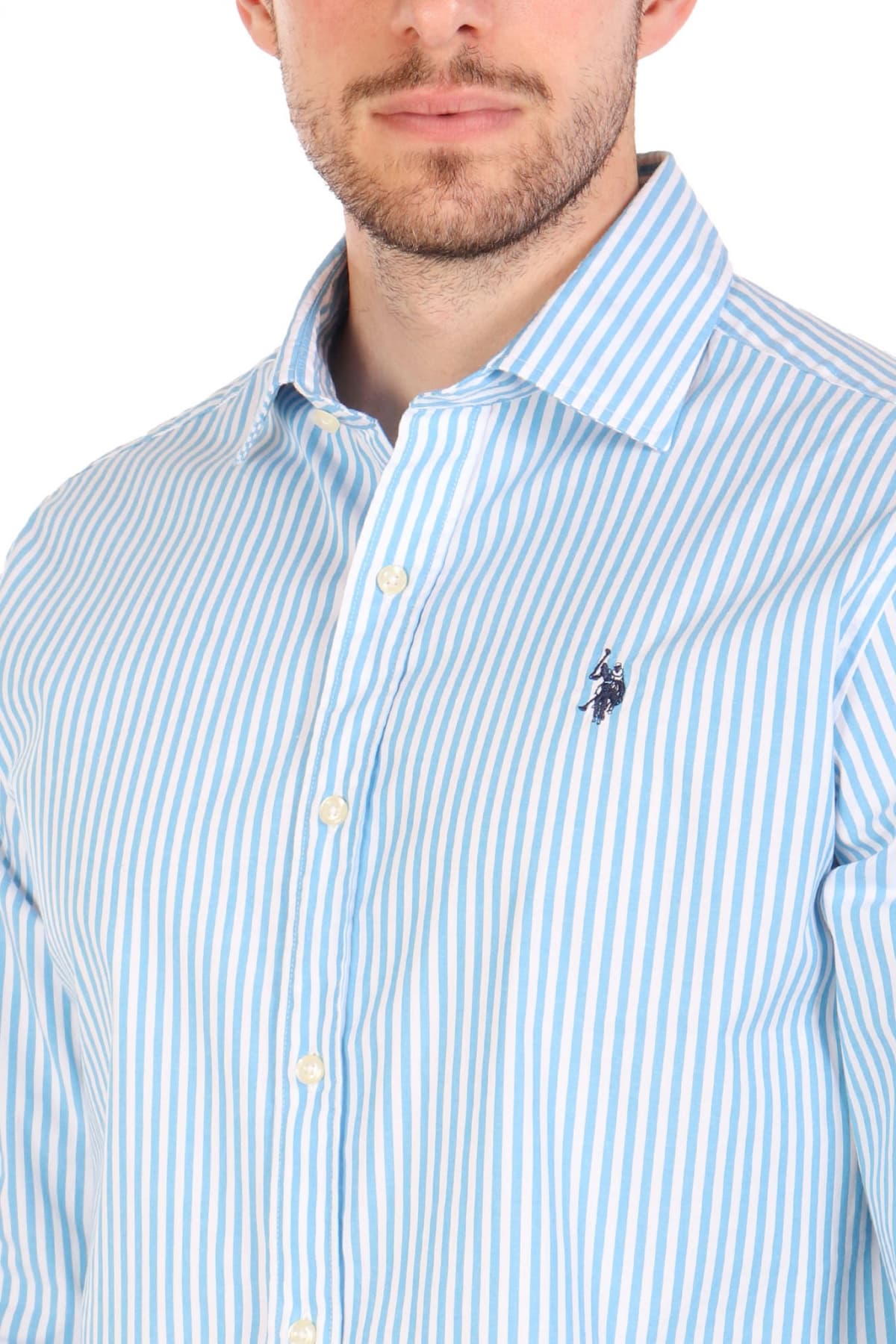 U.S.POLO ASSN ΠΟΥΚΑΜΙΣΟ ΡΙΓΕ SLIM FIT ΣΙΕΛ-ΛΕΥΚΟ