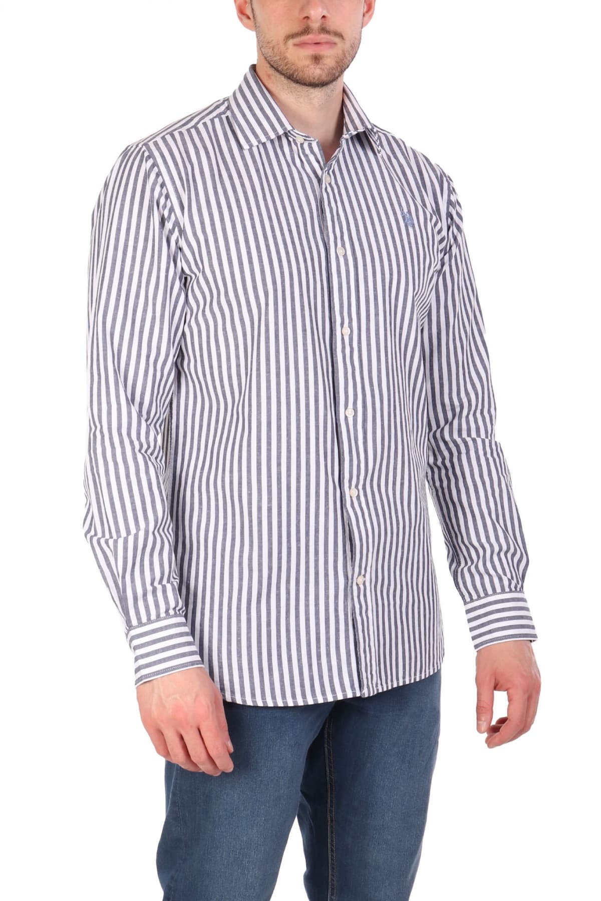 U.S.POLO ASSN ΠΟΥΚΑΜΙΣΟ ΡΙΓΕ REGULAR FIT ΜΠΛΕ-ΛΕΥΚΟ