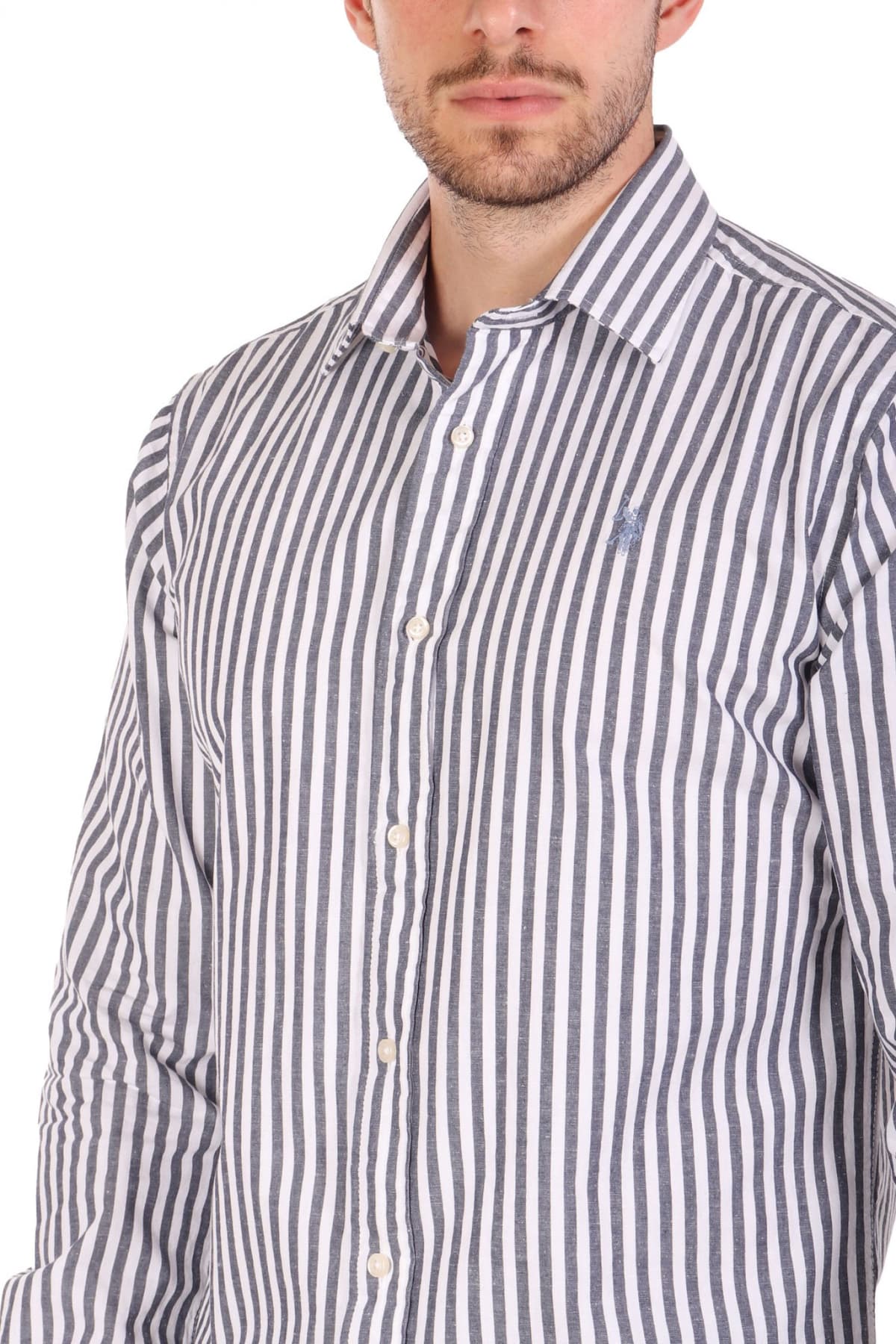 U.S.POLO ASSN ΠΟΥΚΑΜΙΣΟ ΡΙΓΕ REGULAR FIT ΜΠΛΕ-ΛΕΥΚΟ