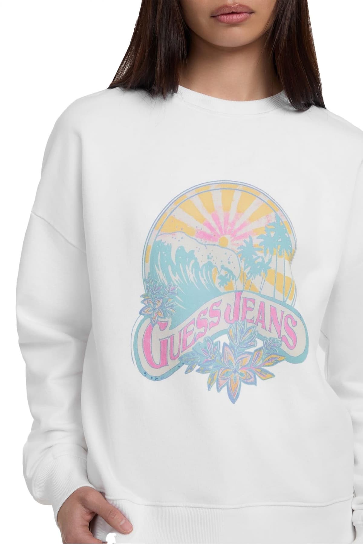 GUESS JEANS ΦΟΥΤΕΡ ΛΑΙΜΟΚΟΨΗ OVERSIZED ΣΤΑΜΠΑ ΛΕΥΚΟ