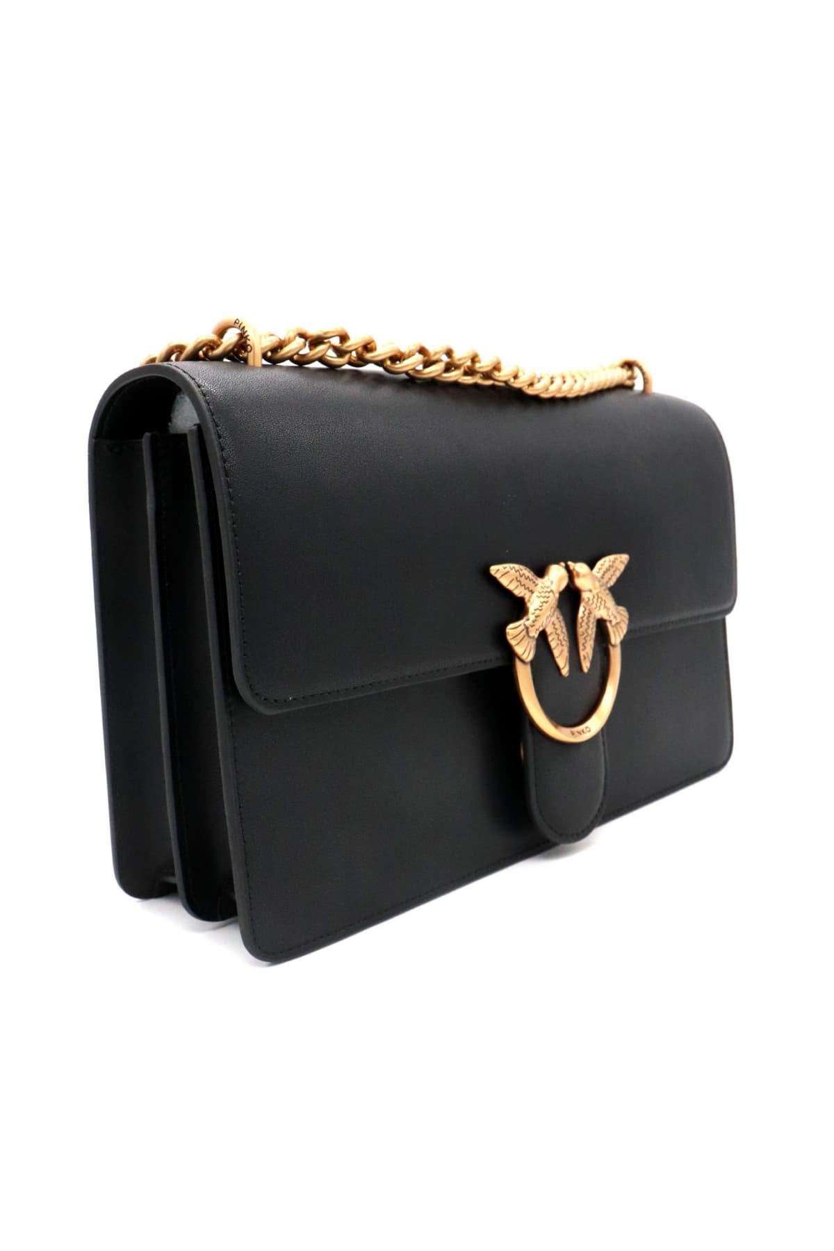 PINKO ΤΣΑΝΤΑ LOVE ONE CLASSIC DC VITELLO SETA LOGO ΜΑΥΡΟ-ANTIQUE GOLD