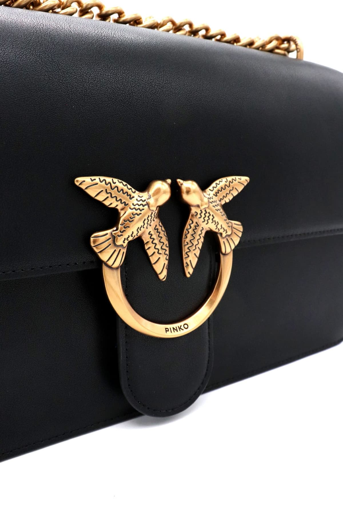 PINKO ΤΣΑΝΤΑ LOVE ONE CLASSIC DC VITELLO SETA LOGO ΜΑΥΡΟ-ANTIQUE GOLD