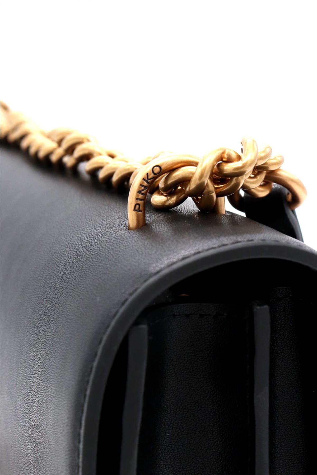 PINKO ΤΣΑΝΤΑ LOVE ONE CLASSIC DC VITELLO SETA LOGO ΜΑΥΡΟ-ANTIQUE GOLD
