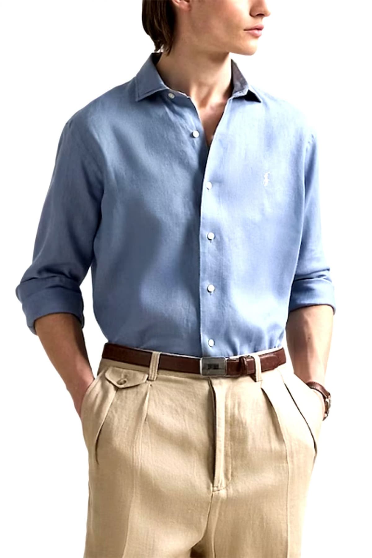 RALPH LAUREN ΠΟΥΚΑΜΙΣΟ BUTTON DOWN ΛΙΝΟ CUSTOM FIT ΣΙΕΛ