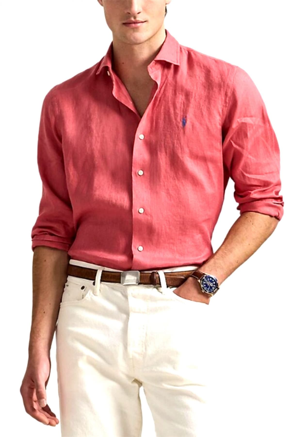 RALPH LAUREN ΠΟΥΚΑΜΙΣΟ BUTTON DOWN ΛΙΝΟ CUSTOM FIT ΡΟΔΙ