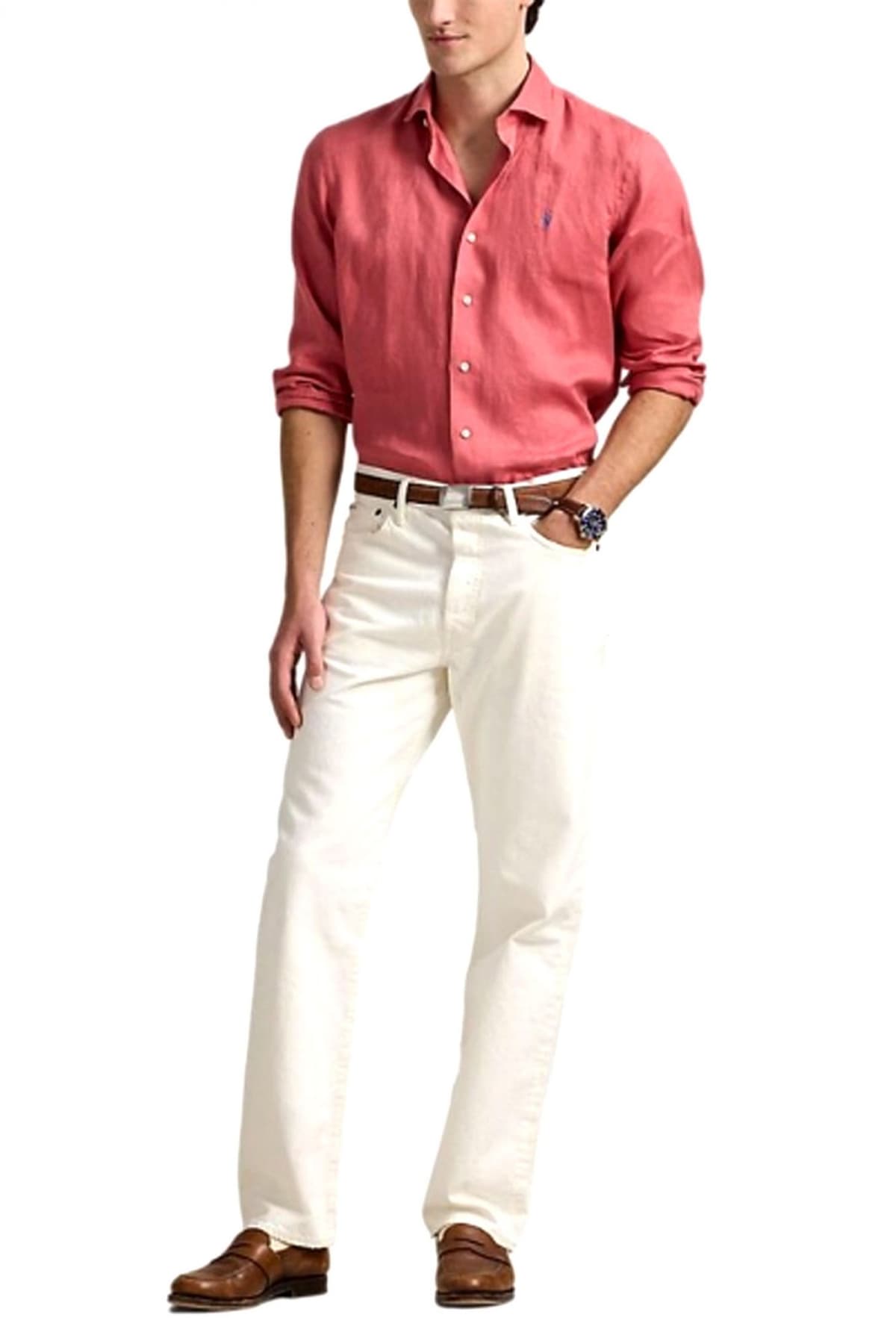 RALPH LAUREN ΠΟΥΚΑΜΙΣΟ BUTTON DOWN ΛΙΝΟ CUSTOM FIT ΡΟΔΙ