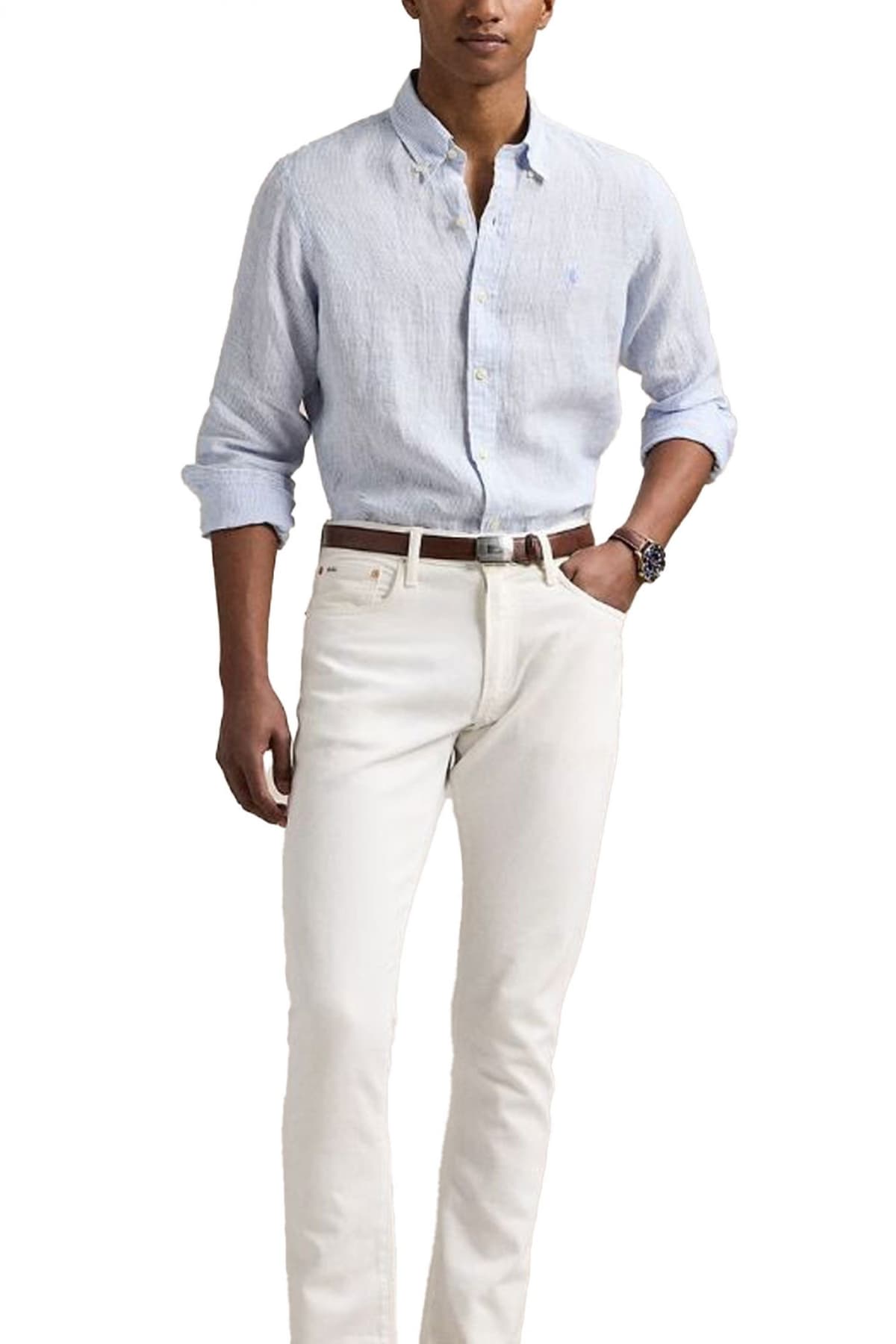 RALPH LAUREN ΠΟΥΚΑΜΙΣΟ BUTTON DOWN ΡΙΓΕ ΛΙΝΟ CUSTOM FIT ΣΙΕΛ-ΛΕΥΚΟ