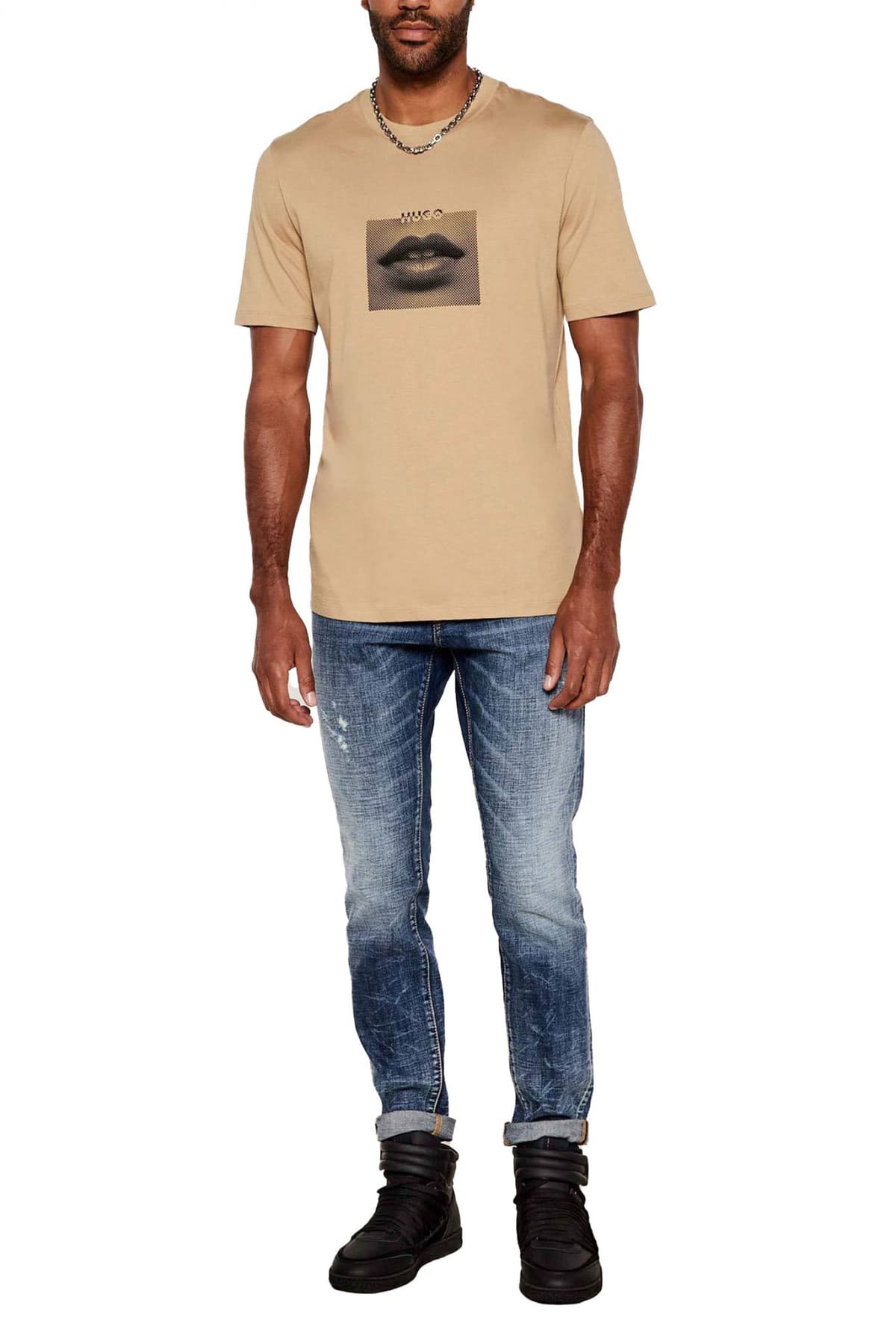 HUGO T-SHIRT DETERNI LOGO ΜΠΕΖ-ΜΑΥΡΟ