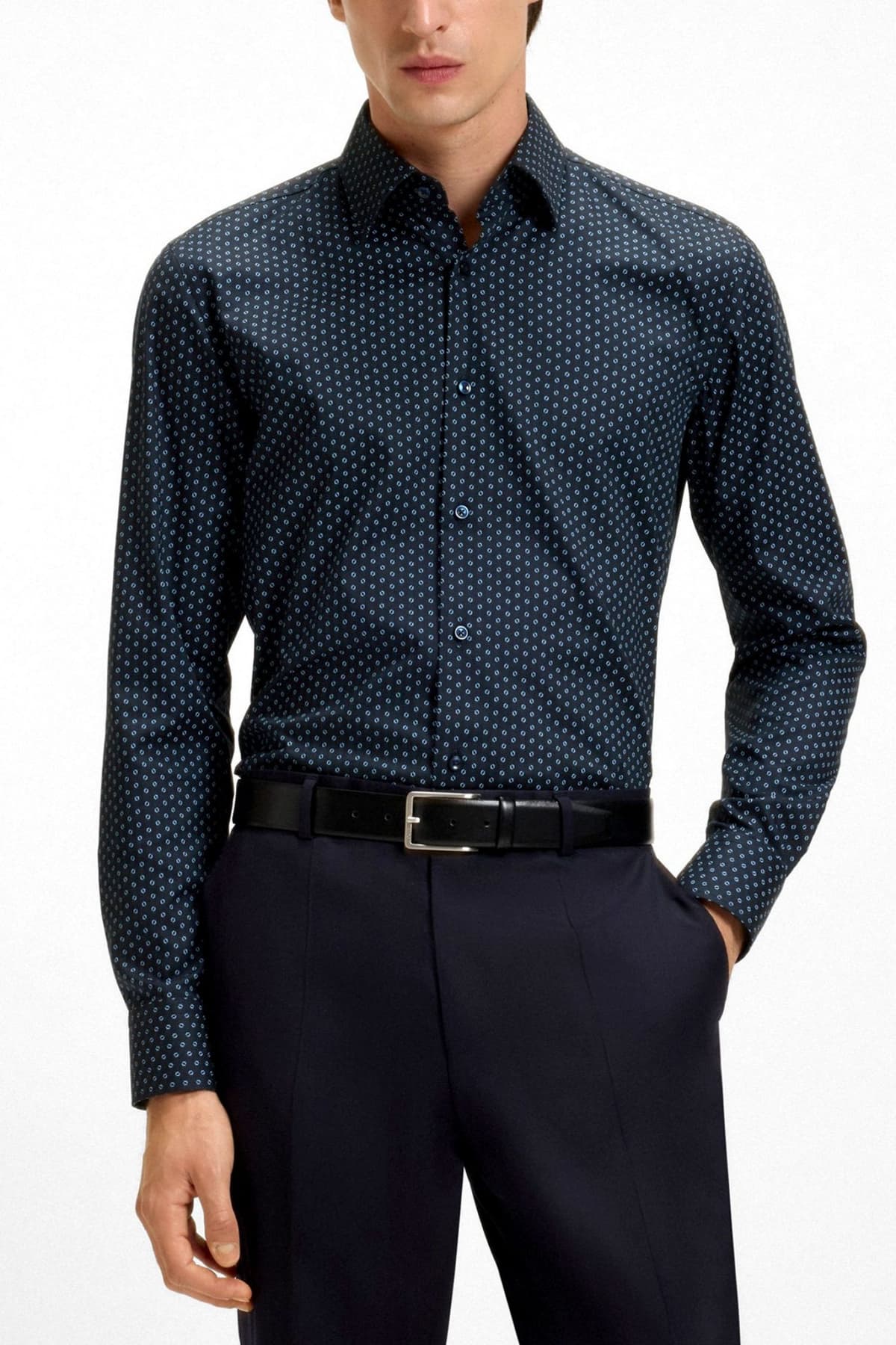 BOSS ΠΟΥΚΑΜΙΣΟ ΜΙΚΡΟΣΧΕΔΙΟ SLIM FIT STRETRCH H-HANK-KENT-C1-214 ΜΠΛΕ