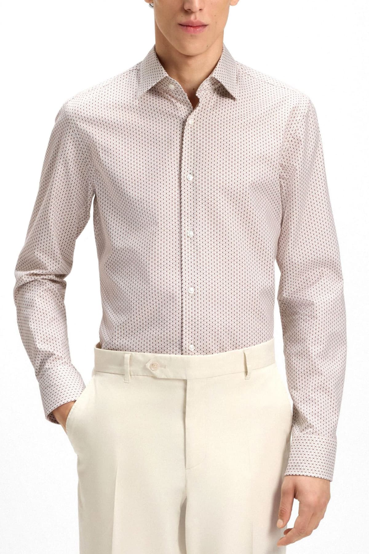 BOSS ΠΟΥΚΑΜΙΣΟ ΜΙΚΡΟΣΧΕΔΙΟ SLIM FIT H-HANK-KENT-C1-214 ΜΠΕΖ-ΚΑΦΕ