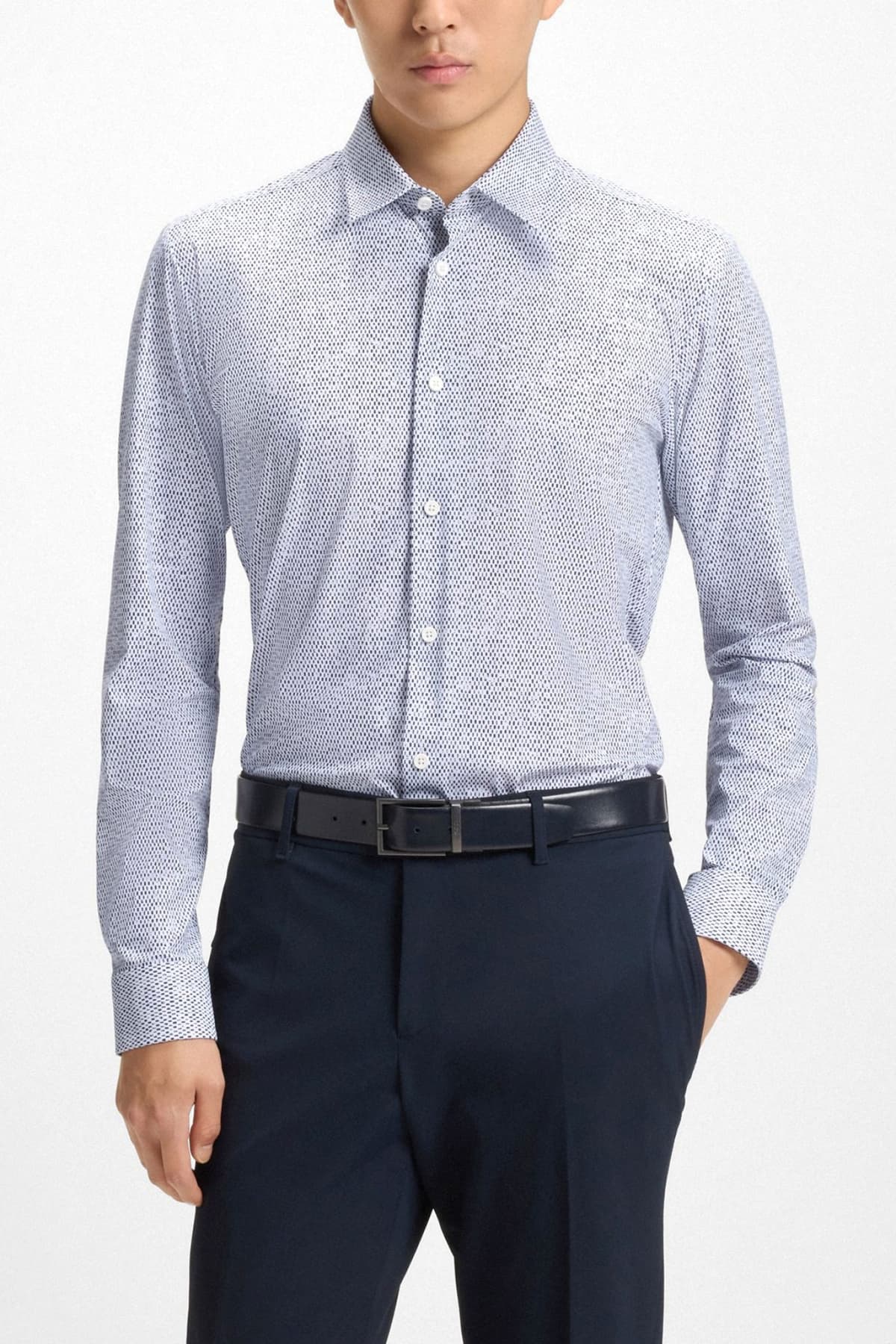 BOSS ΠΟΥΚΑΜΙΣΟ ΜΙΚΡΟΣΧΕΔΙΟ SLIM FIT P-ROAN-KENT-C1-233 ΜΠΛΕ-ΛΕΥΚΟ