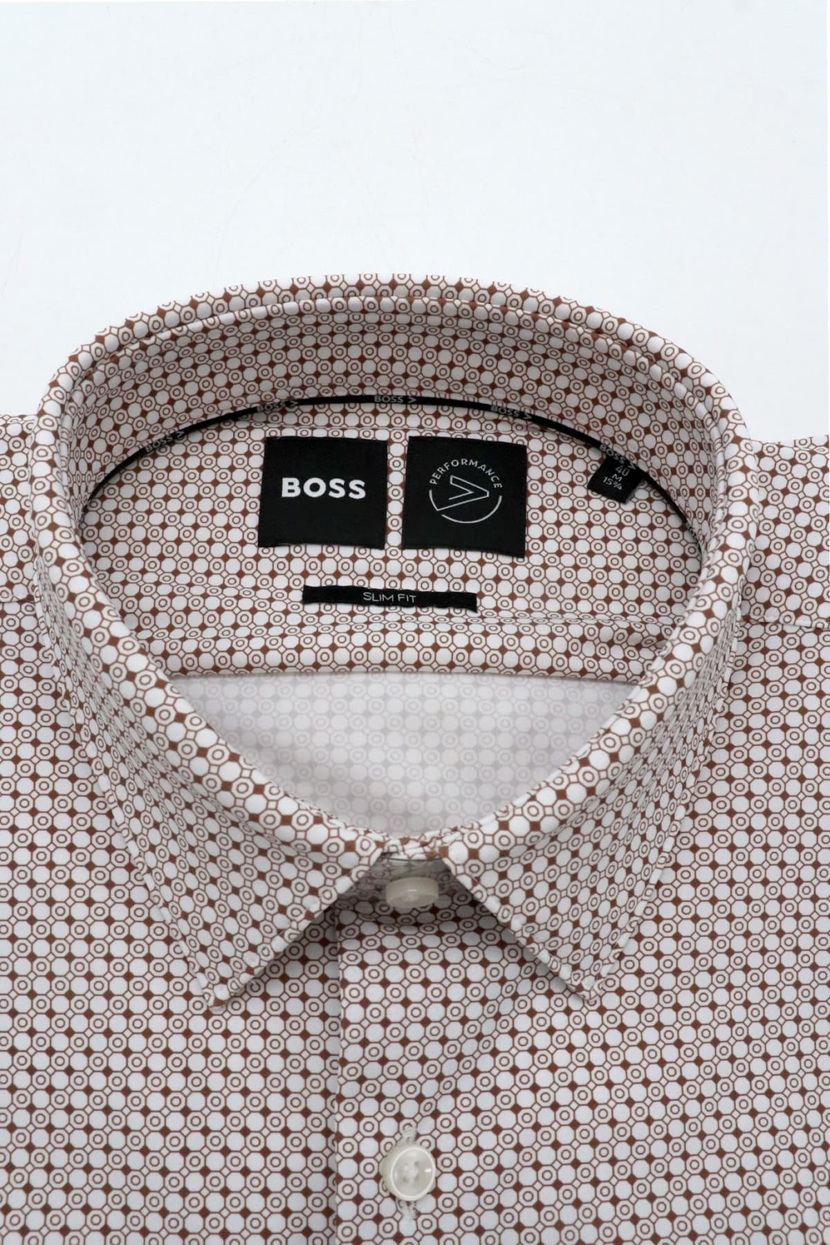 BOSS PERFORMANCE ΠΟΥΚΑΜΙΣΟ ΜΙΚΡΟΣΧΕΔΙΟ SLIM FIT P-HANK-S-KENT-C1-222 ΚΑΦΕ-ΛΕΥΚΟ
