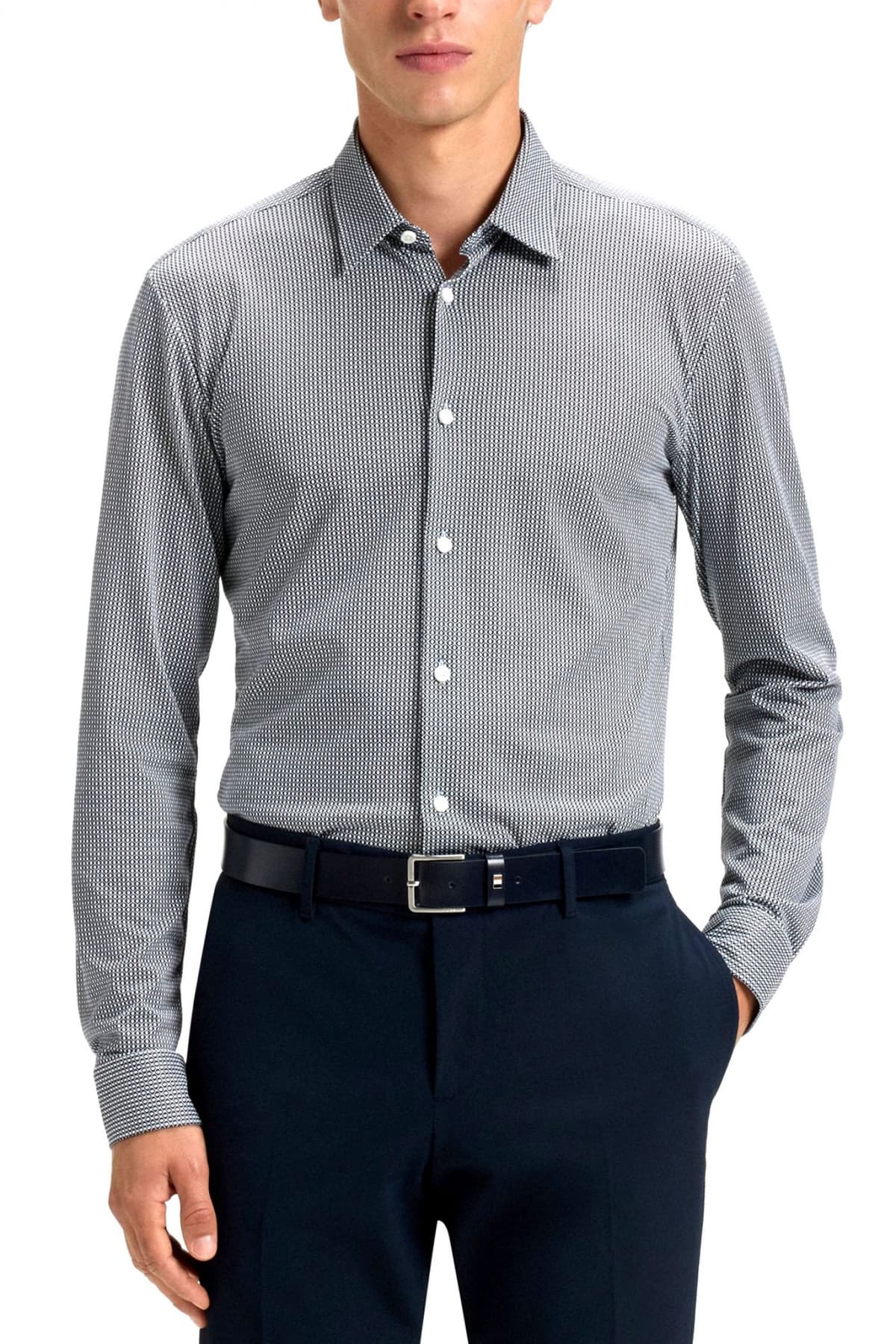 BOSS PERFORMANCE ΠΟΥΚΑΜΙΣΟ ΜΙΚΡΟΣΧΕΔΙΟ SLIM FIT P-ROAN-KENT-C1-233 ΜΠΛΕ-ΛΕΥΚΟ