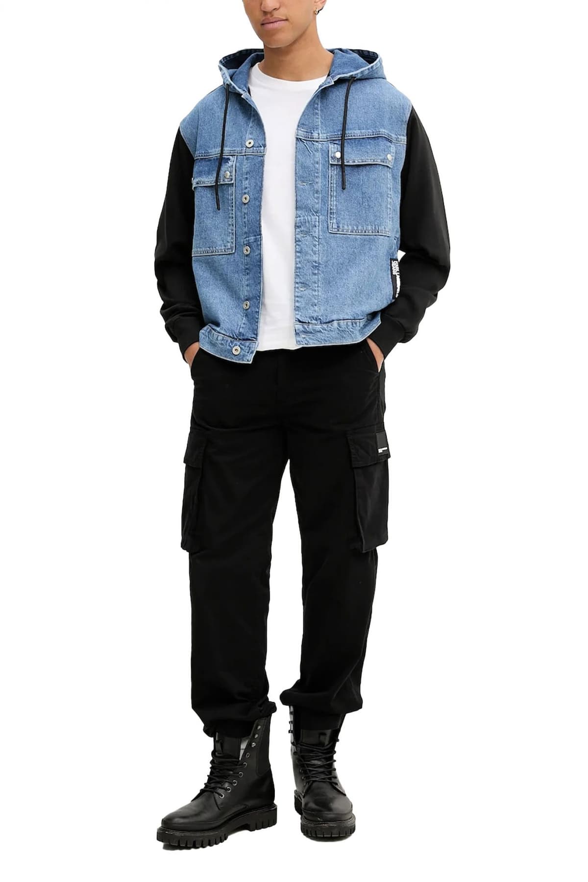 KARL LAGERFELD JEANS JACKET KLJ MIX MATERIAL ΜΠΟΥΦΑΝ ΚΟΥΚΟΥΛΑ ΜΠΛΕ JEANS