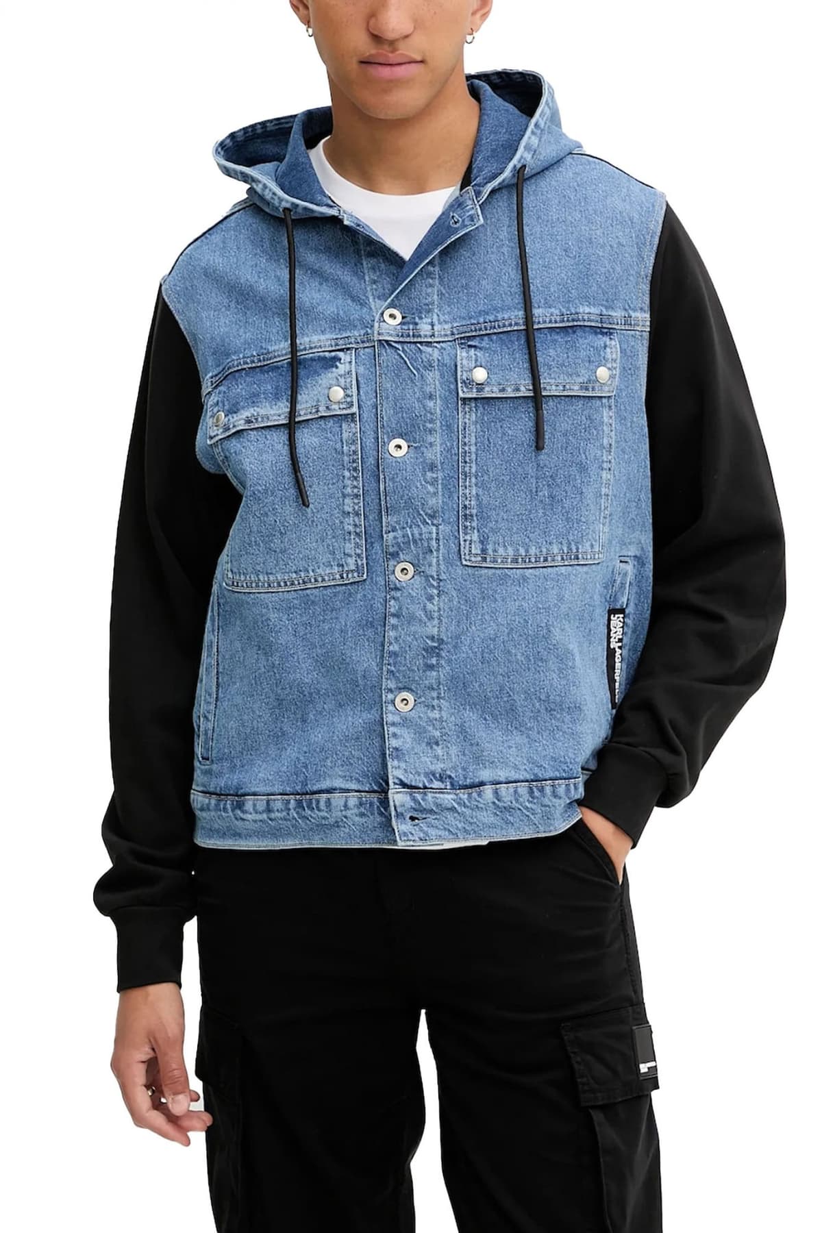 KARL LAGERFELD JEANS JACKET KLJ MIX MATERIAL ΜΠΟΥΦΑΝ ΚΟΥΚΟΥΛΑ ΜΠΛΕ JEANS