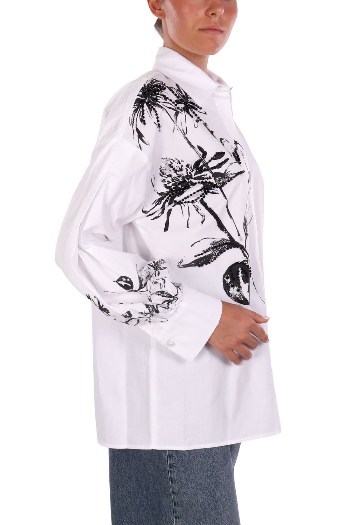 LIU-JO ΠΟΥΚΑΜΙΣΟ FLORAL ΧΑΝΤΡΕΣ ΜΑΝΙΚΙ ΚΟΥΦΟΠΙΕΤΑ ΛΕΥΚΟ-ΜΑΥΡΟ