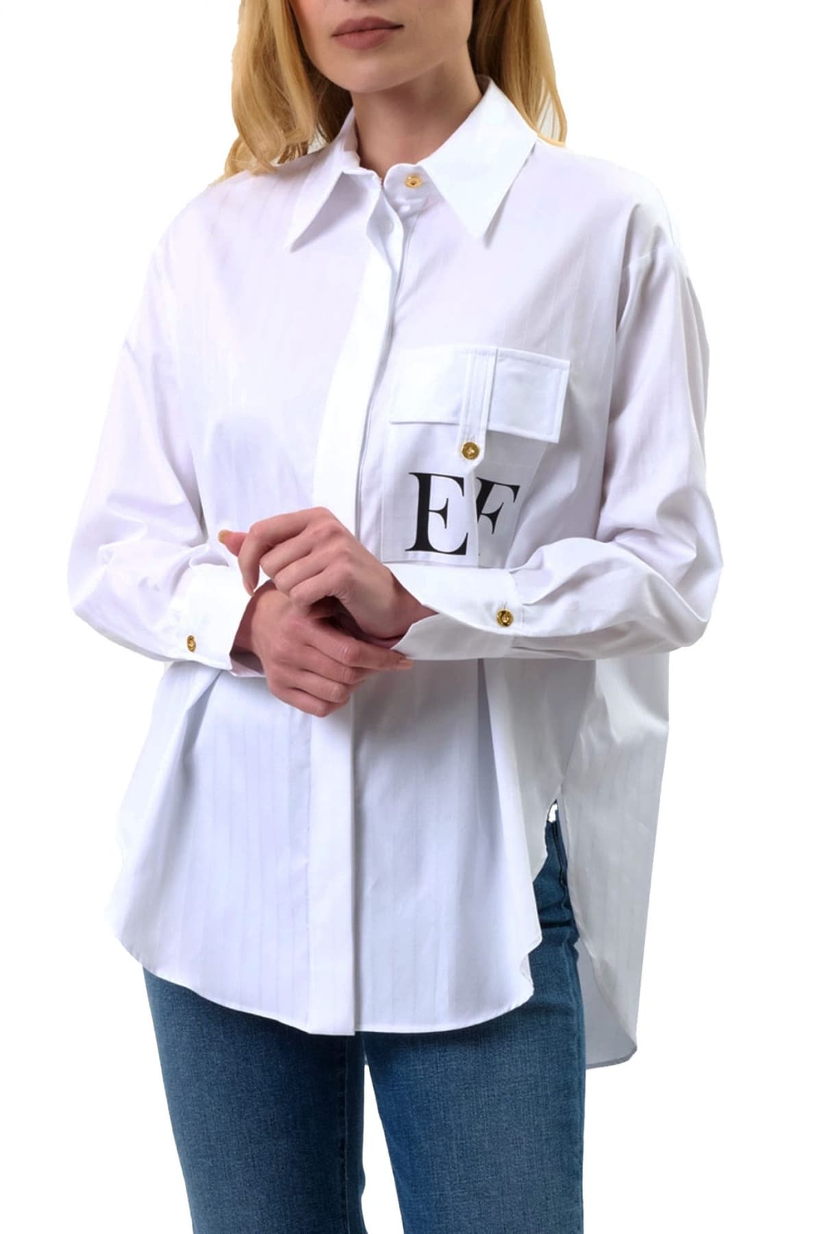 ELISABETTA FRANCHI ΠΟΥΚΑΜΙΣΟ ΡΙΓΕ LOGO POCKET ΛΕΥΚΟ