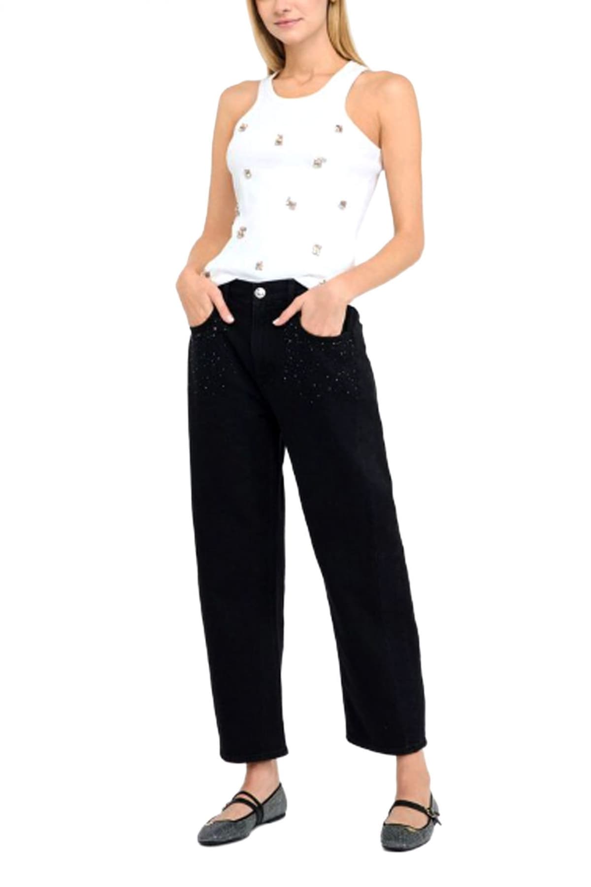 LIU-JO BETTER DENIM ΠΑΝΤΕΛΟΝΙ JEANS BOY CULT STRASS ΜΑΥΡΟ