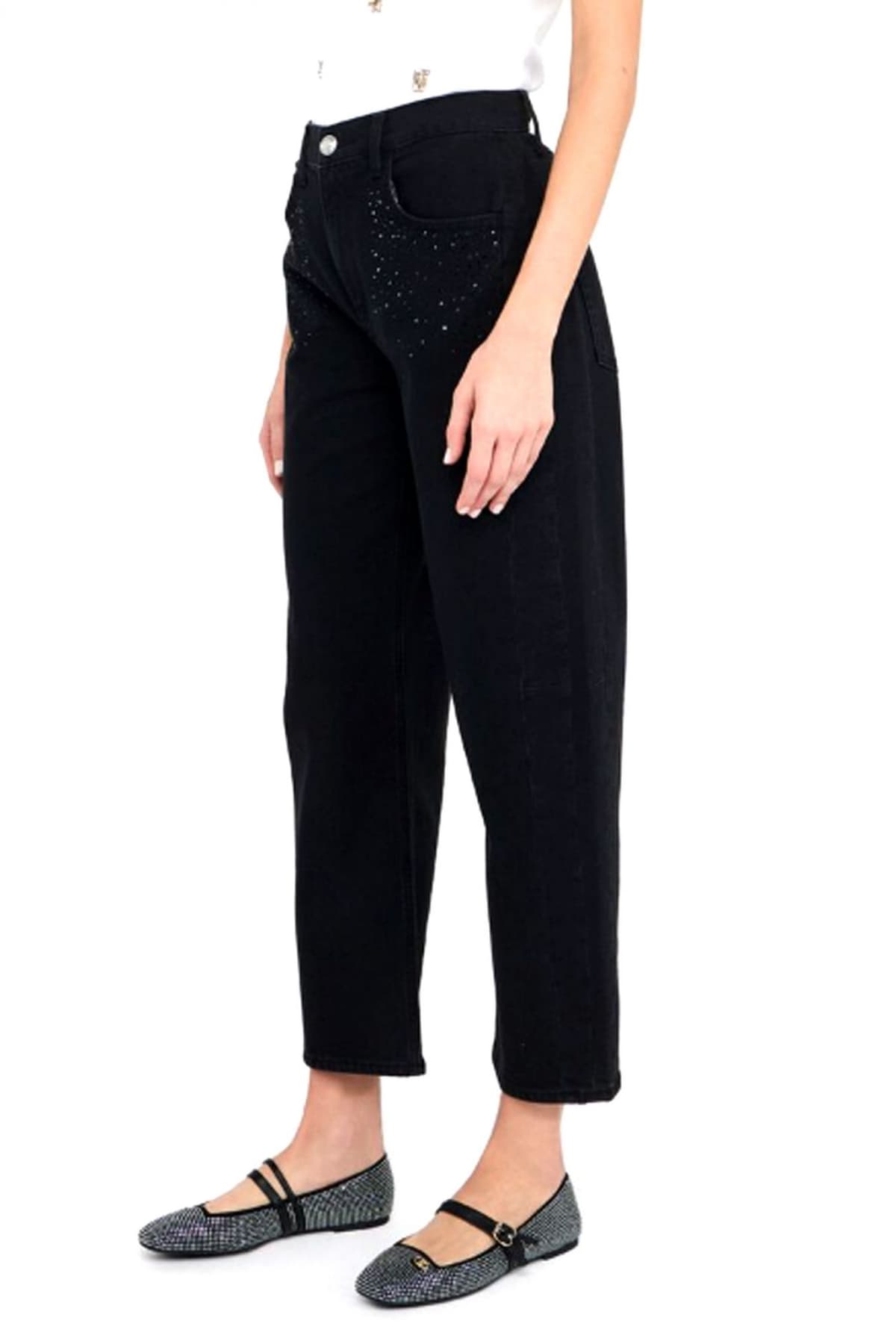 LIU-JO BETTER DENIM ΠΑΝΤΕΛΟΝΙ JEANS BOY CULT STRASS ΜΑΥΡΟ