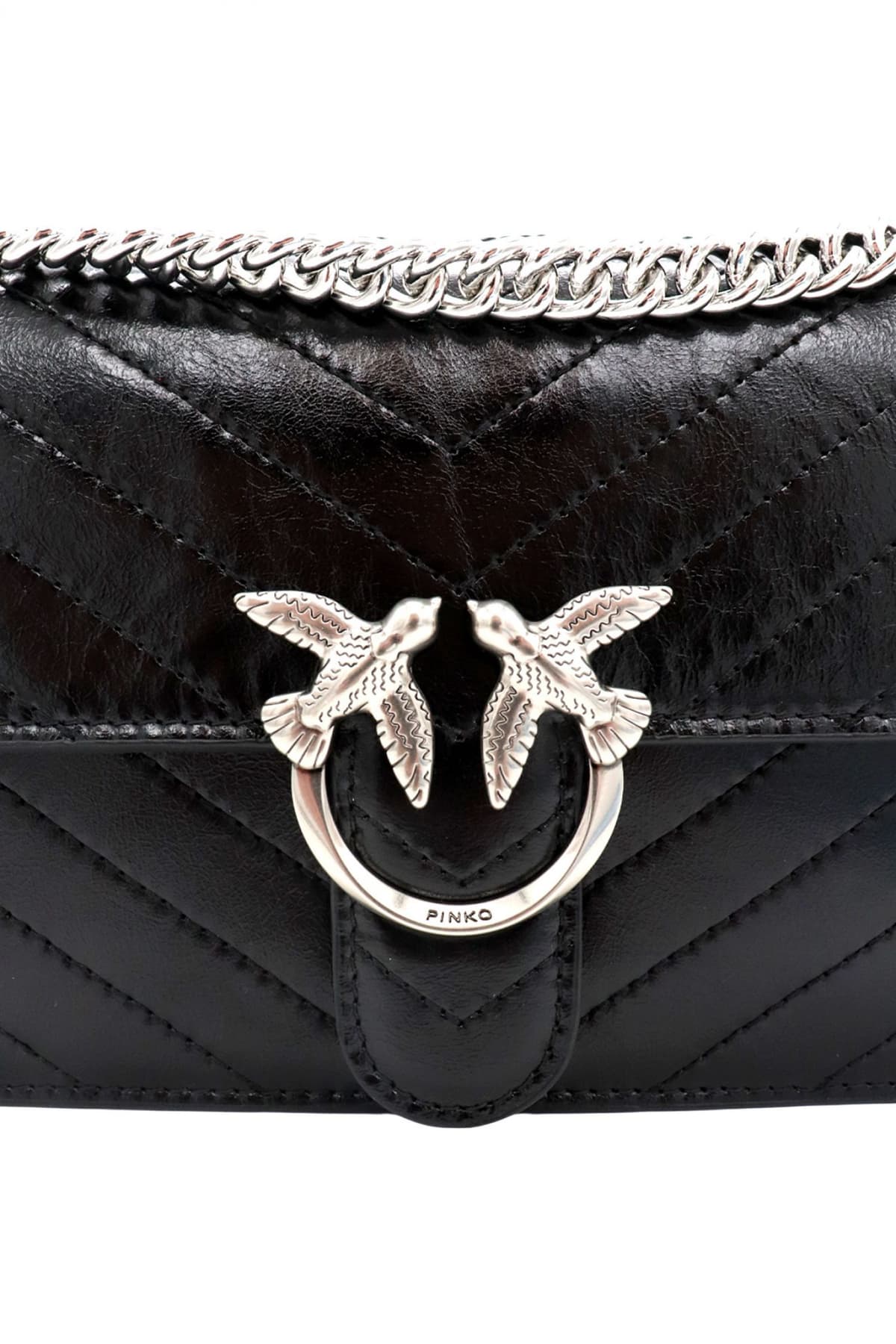 PINKO ΤΣΑΝΤΑ LOVE ONE LIGHT MINI VITELLO WRINKLE FLAT CHEVRON ΜΑΥΡΟ