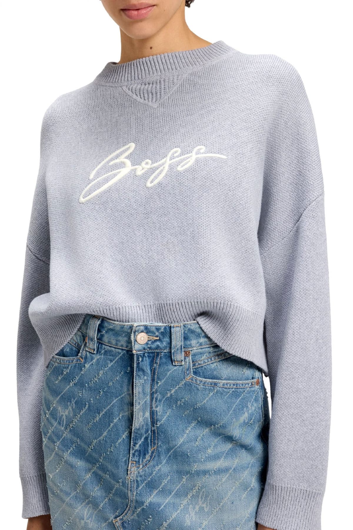 BOSS ΠΟΥΛΟΒΕΡ C_FINEVRA CREW NECK CROPPED LOGO ΓΚΡΙ