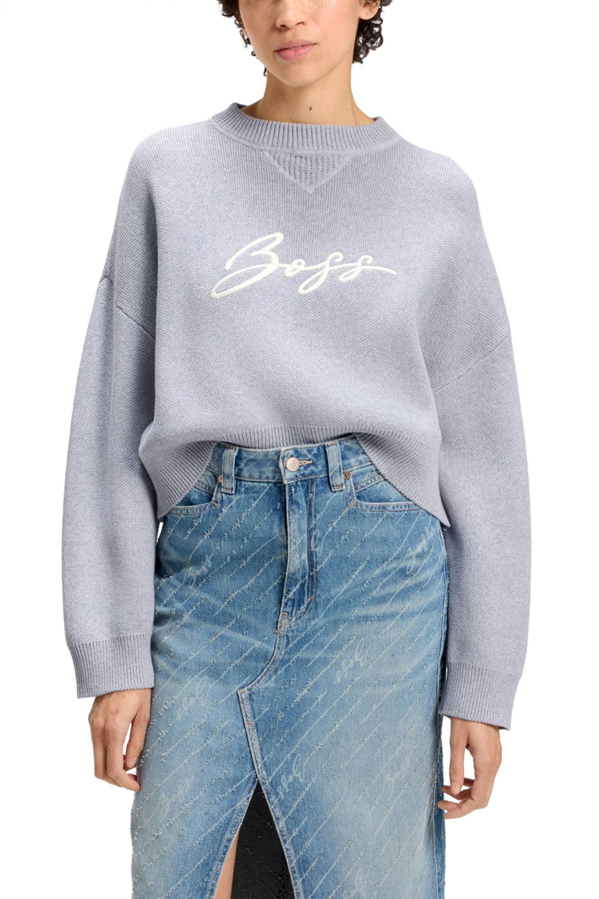 BOSS ΠΟΥΛΟΒΕΡ C_FINEVRA CREW NECK CROPPED LOGO ΓΚΡΙ