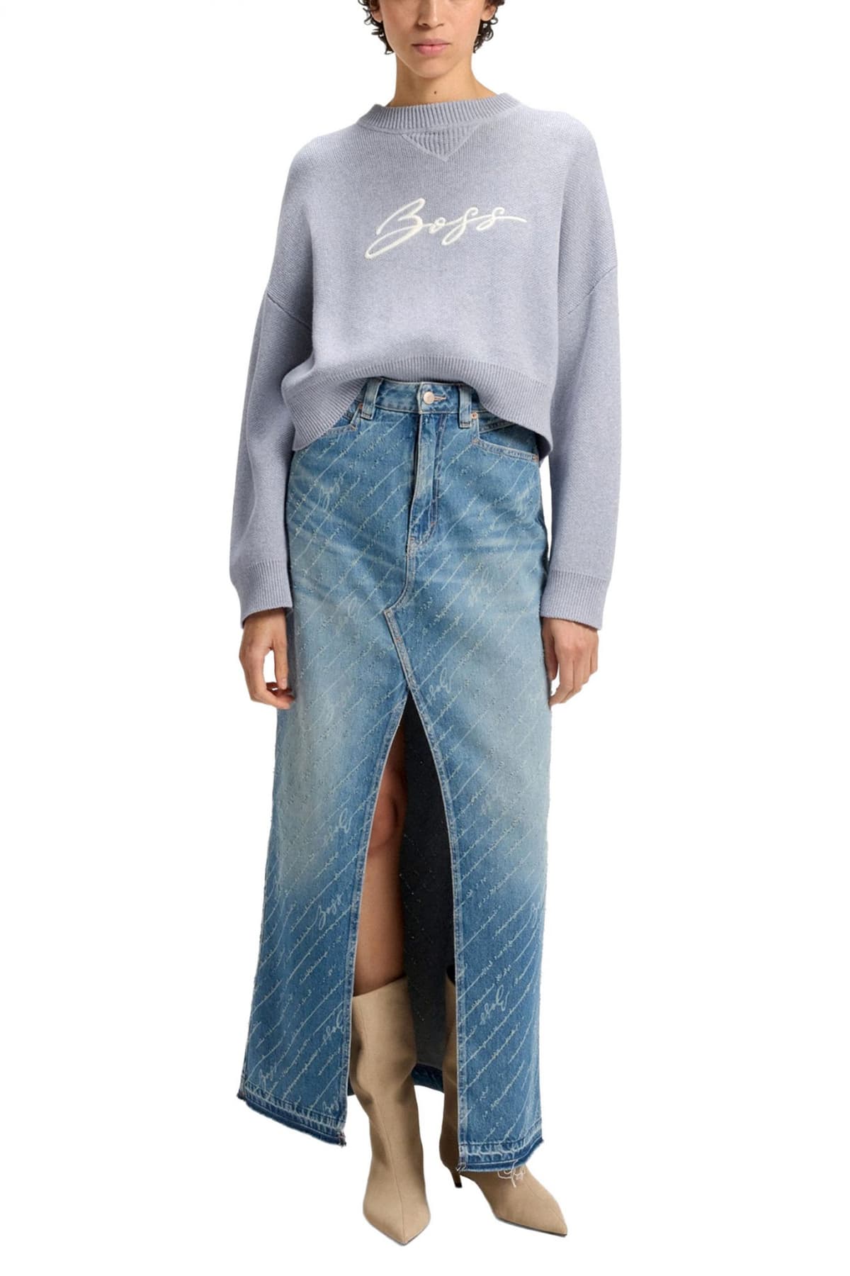 BOSS ΠΟΥΛΟΒΕΡ C_FINEVRA CREW NECK CROPPED LOGO ΓΚΡΙ