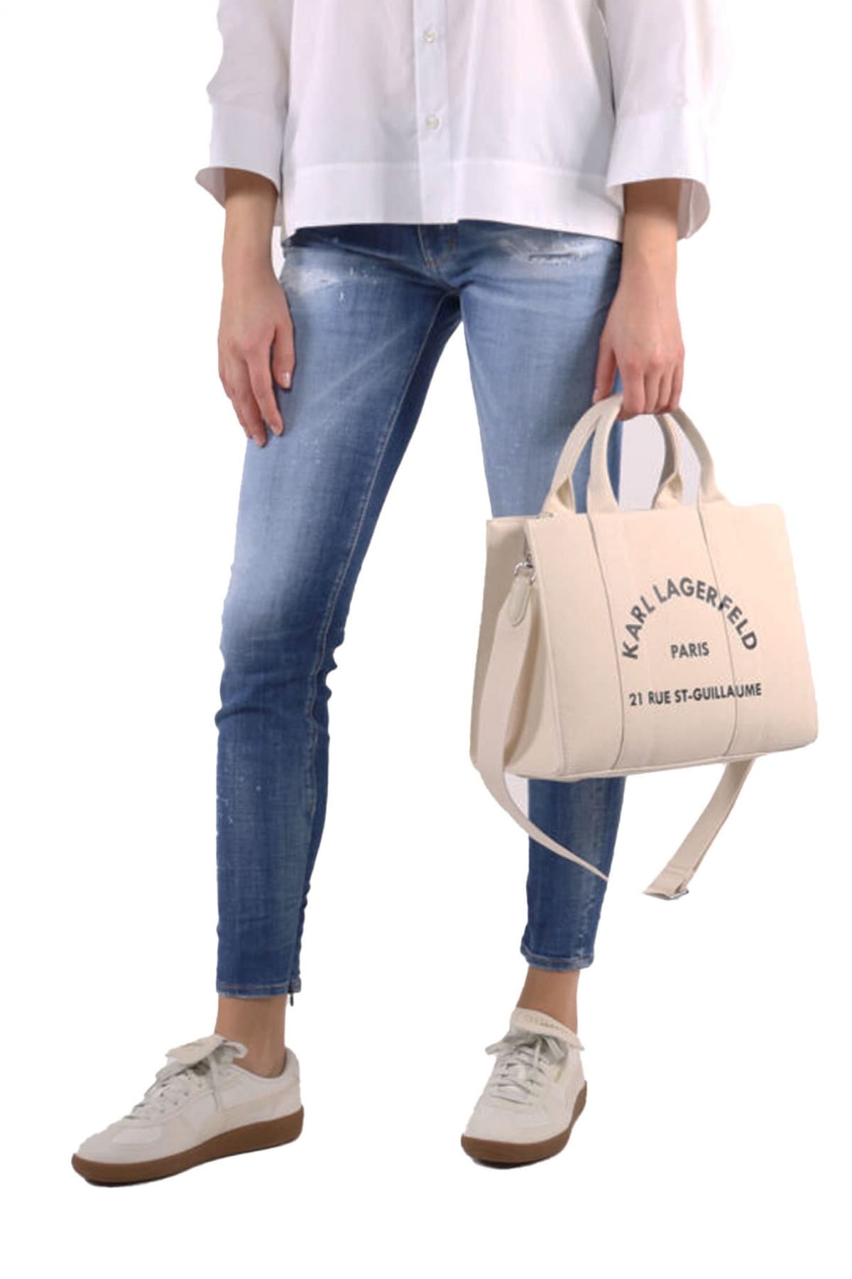 KARL LAGERFELD ΤΣΑΝΤΑ ΧΕΙΡΟΣ/CROSS ΚΑΜΒΑΣ BODY SQUARE MEDIUM TOTE LOGO ΕΚΡΟΥ