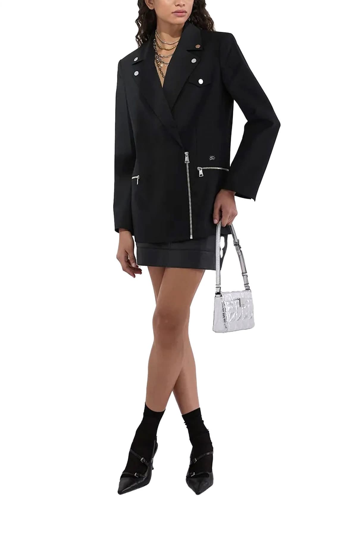 KARL LAGERFELD ΣΑΚΑΚΙ FASHION BIKER LOGO ΜΕΤΑΛΛΙΚΟ HALF ZIP ΜΑΥΡΟ