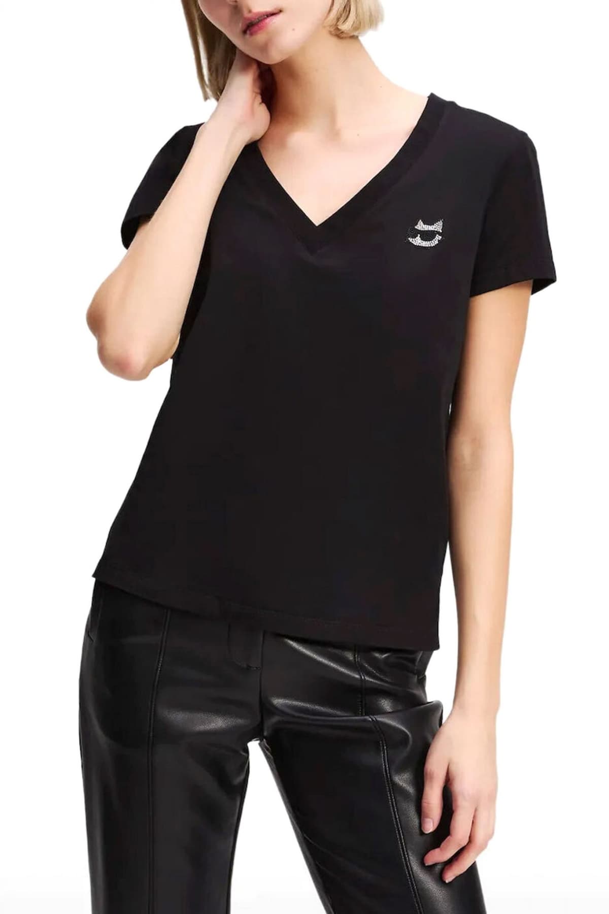 KARL LAGERFELD T-SHIRT IKON RS V-NECK REGULAR FIT LOGO ΣΤΡΑΣ ΜΑΥΡΟ