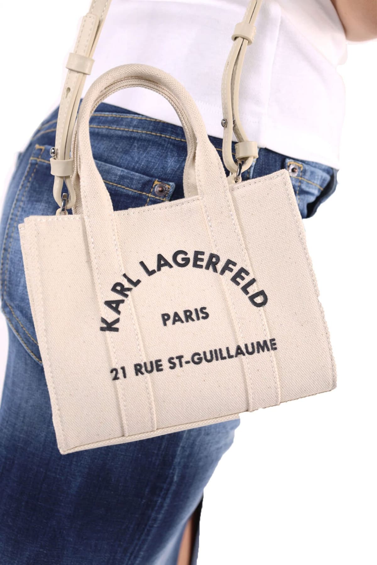 KARL LAGERFELD ΤΣΑΝΤΑ SQUARE MINI TOTE ΚΑΜΒΑΣ LOGO ΕΚΡΟΥ