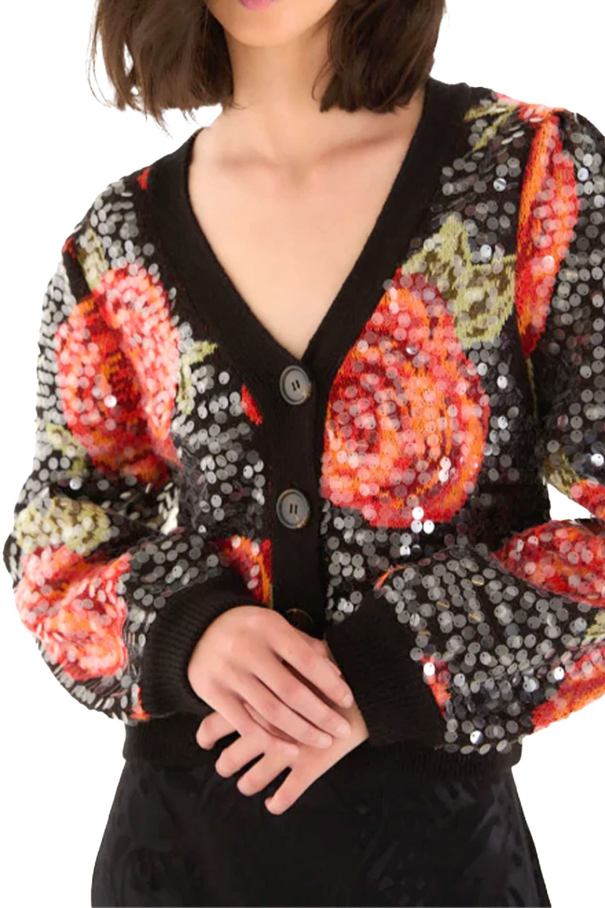 FARM RIO ΖΑΚΕΤΑ ΠΛΕΚΤΟ LATIN ROSES SEQUIN KNIT ΚΛΕΙΣΙΜΟ ΚΟΥΜΠΙΑ ΠΑΓΙΕΤΑ ΜΑΥΡΟ-ΚΟΚΚΙΝΟ