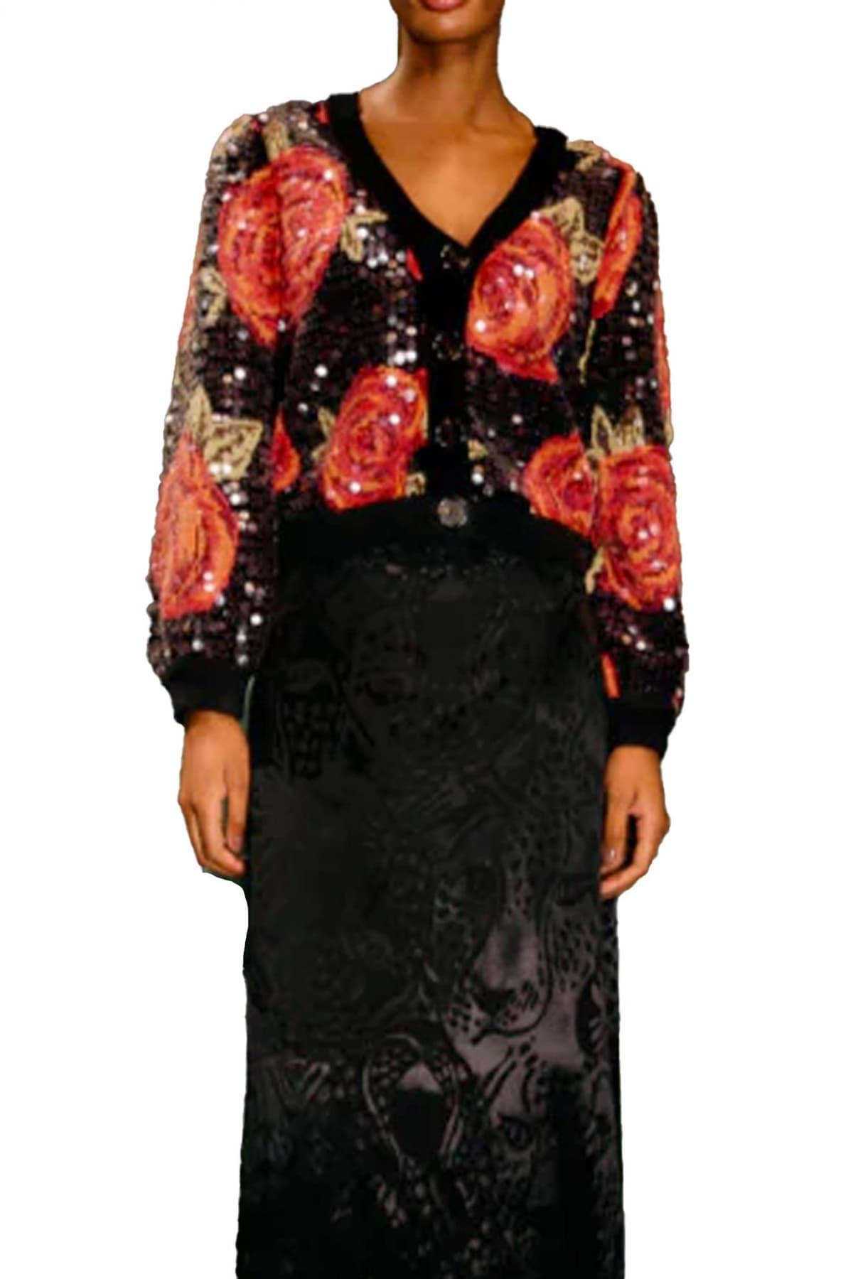 FARM RIO ΖΑΚΕΤΑ ΠΛΕΚΤΟ LATIN ROSES SEQUIN KNIT ΚΛΕΙΣΙΜΟ ΚΟΥΜΠΙΑ ΠΑΓΙΕΤΑ ΜΑΥΡΟ-ΚΟΚΚΙΝΟ