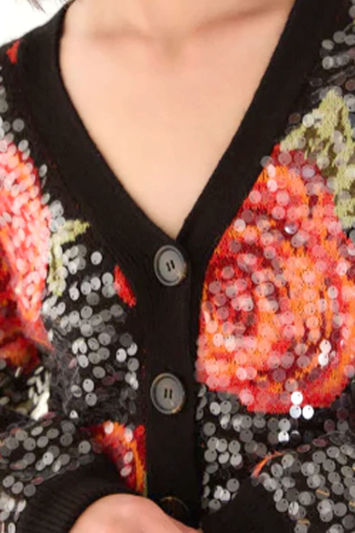 FARM RIO ΖΑΚΕΤΑ ΠΛΕΚΤΟ LATIN ROSES SEQUIN KNIT ΚΛΕΙΣΙΜΟ ΚΟΥΜΠΙΑ ΠΑΓΙΕΤΑ ΜΑΥΡΟ-ΚΟΚΚΙΝΟ