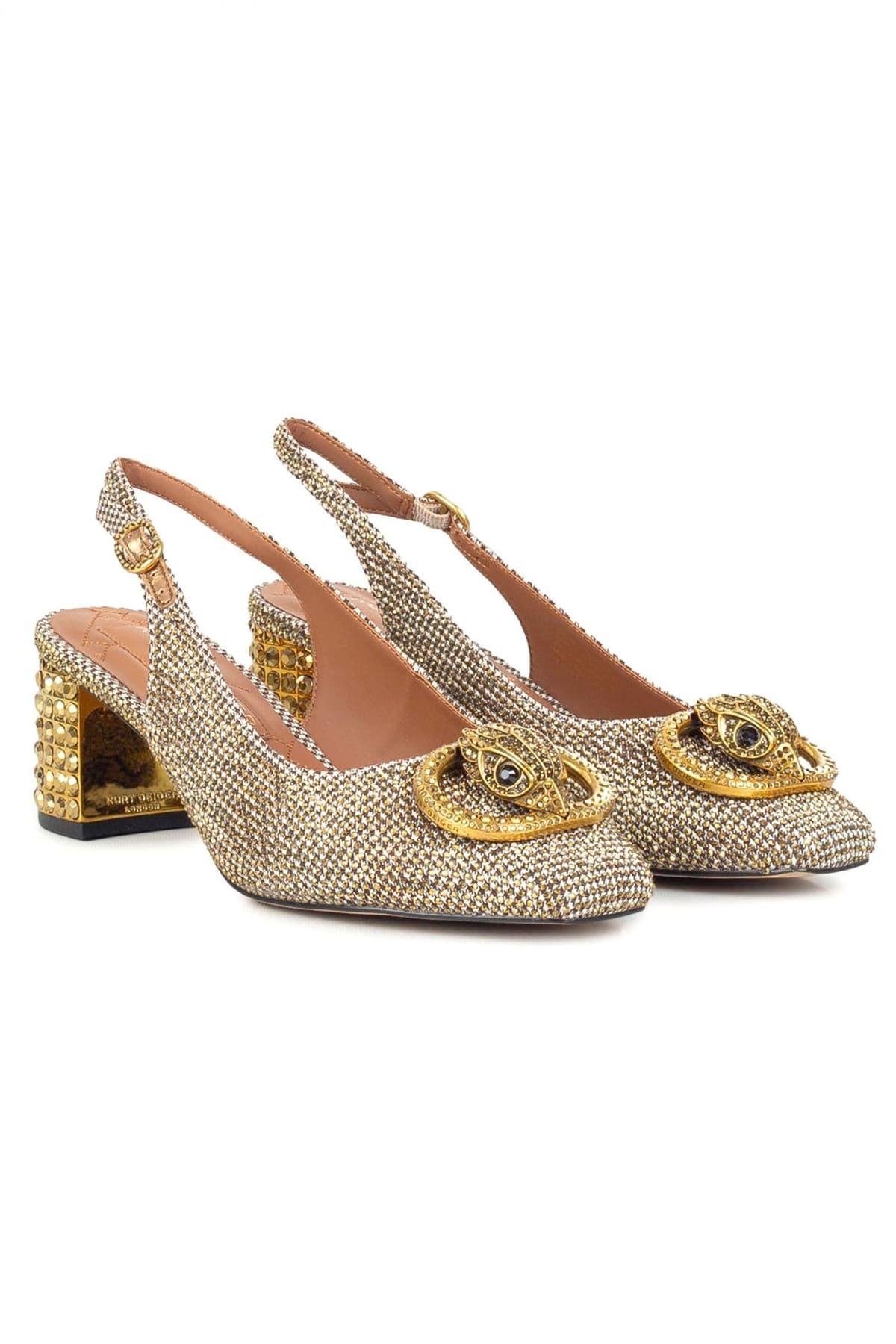 KURT GEIGER ΠΑΠΟΥΤΣΙΑ MULES CHELSEA BLOCK SLINGBACK METAΛΛΙΚΑ ΣΤΡΑΣ LOGO ΧΡΥΣΟ