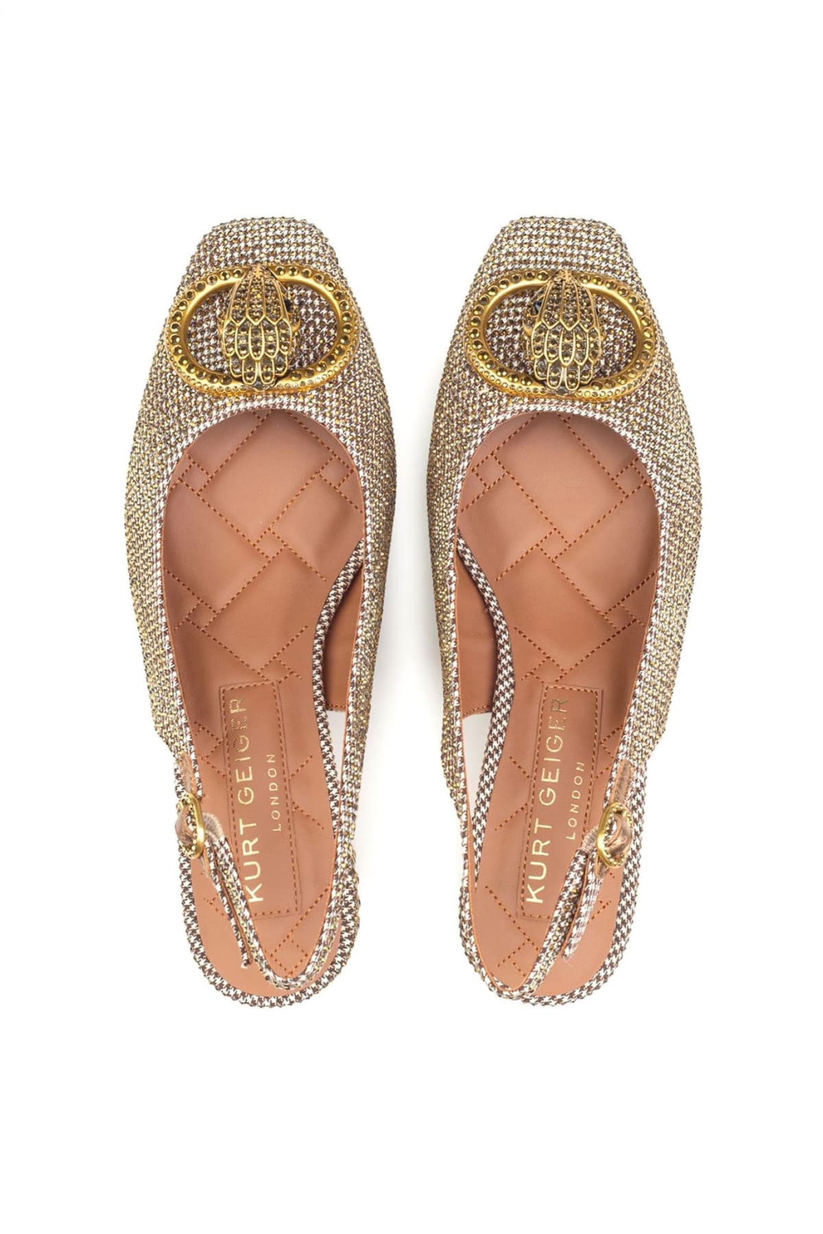 KURT GEIGER ΠΑΠΟΥΤΣΙΑ MULES CHELSEA BLOCK SLINGBACK METAΛΛΙΚΑ ΣΤΡΑΣ LOGO ΧΡΥΣΟ